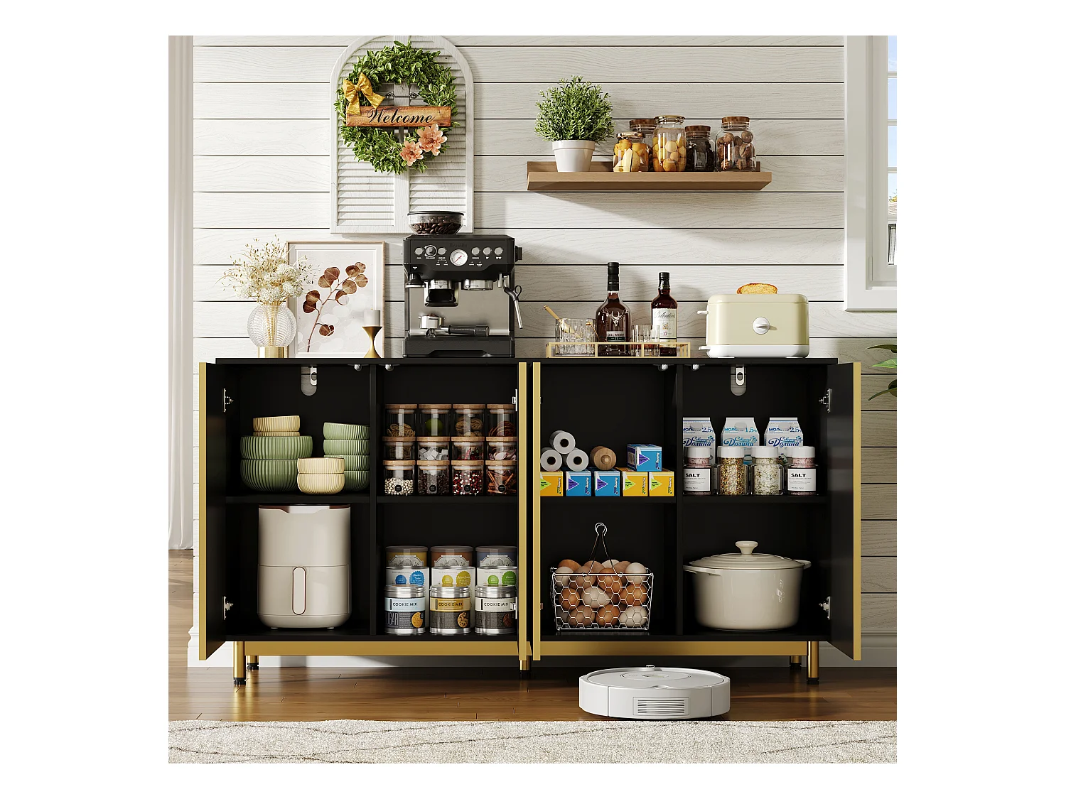 Buffet moderno 150×41,5×81 cm - com 4 portas - preto + dourado