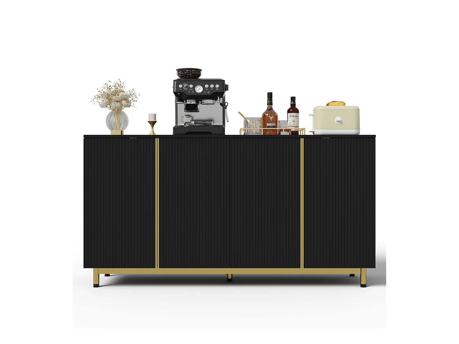 Buffet moderno 150×41,5×81 cm - com 4 portas - preto + dourado