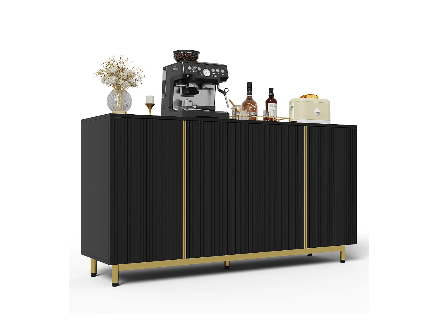 Buffet moderno 150×41,5×81 cm - com 4 portas - preto + dourado