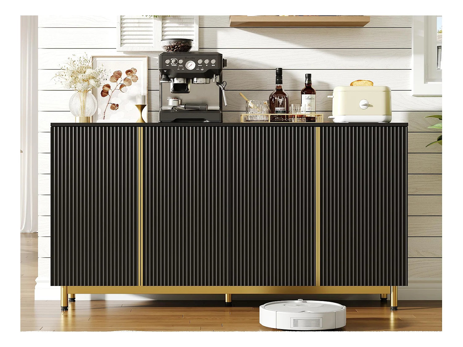 Buffet moderne 150x41.5x81 cm - avec 4 portes - noire + doré