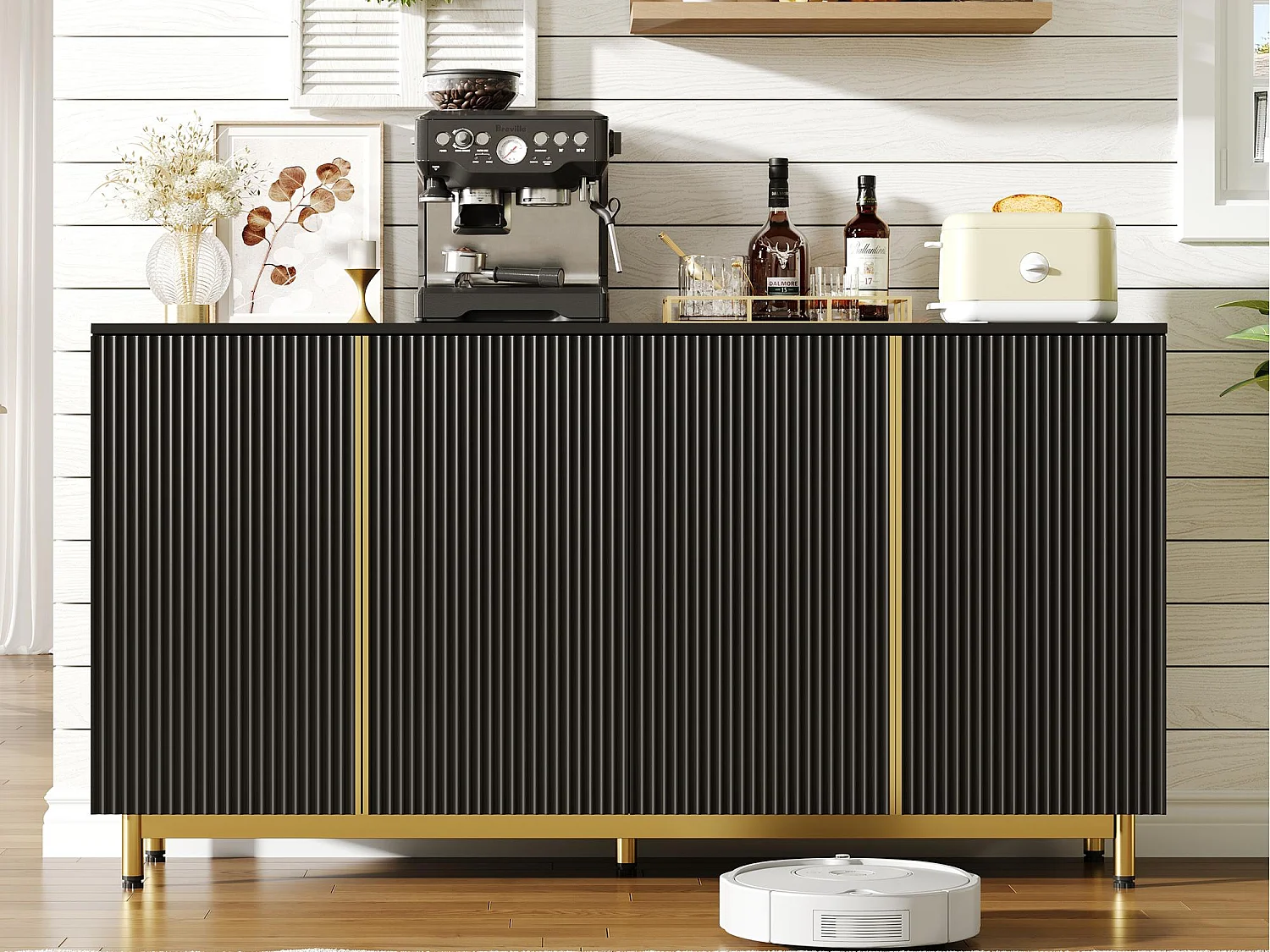 Credenza moderna 150×41,5×81 cm - con 4 ante - nero + oro