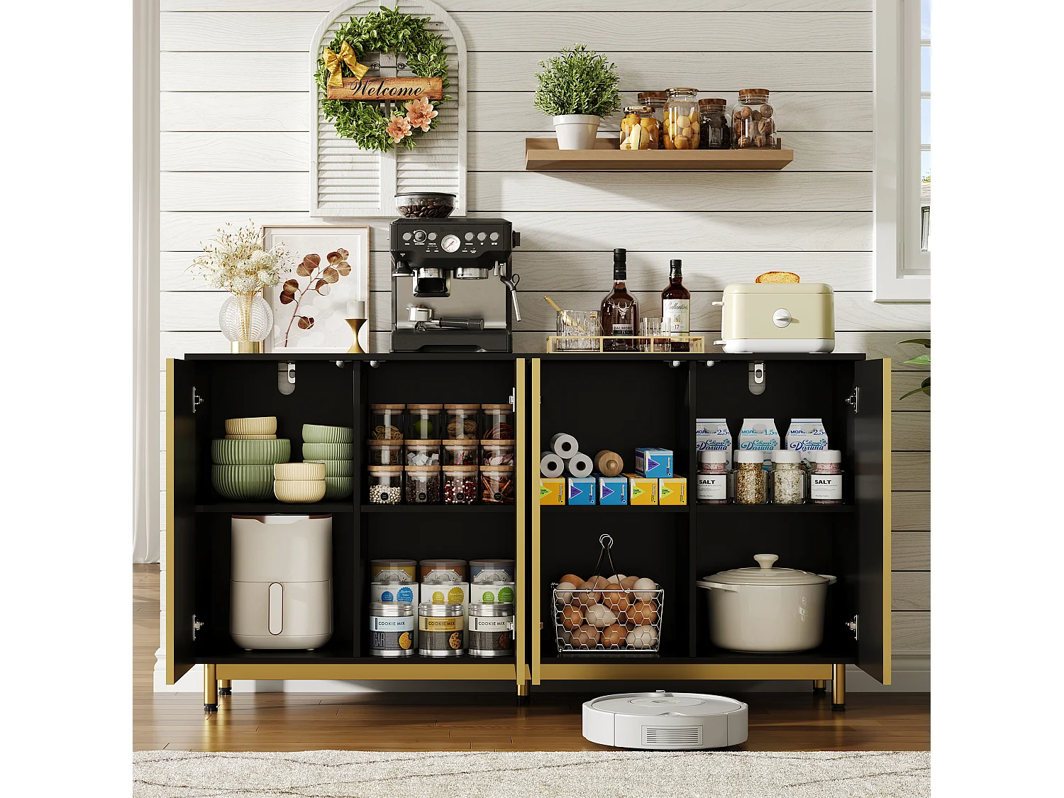 Credenza moderna 150×41,5×81 cm - con 4 ante - nero + oro