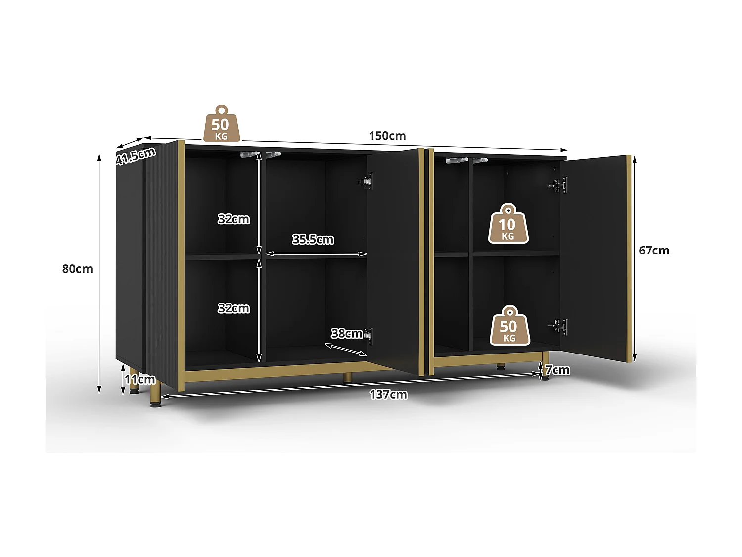 Credenza moderna 150×41,5×81 cm - con 4 ante - nero + oro