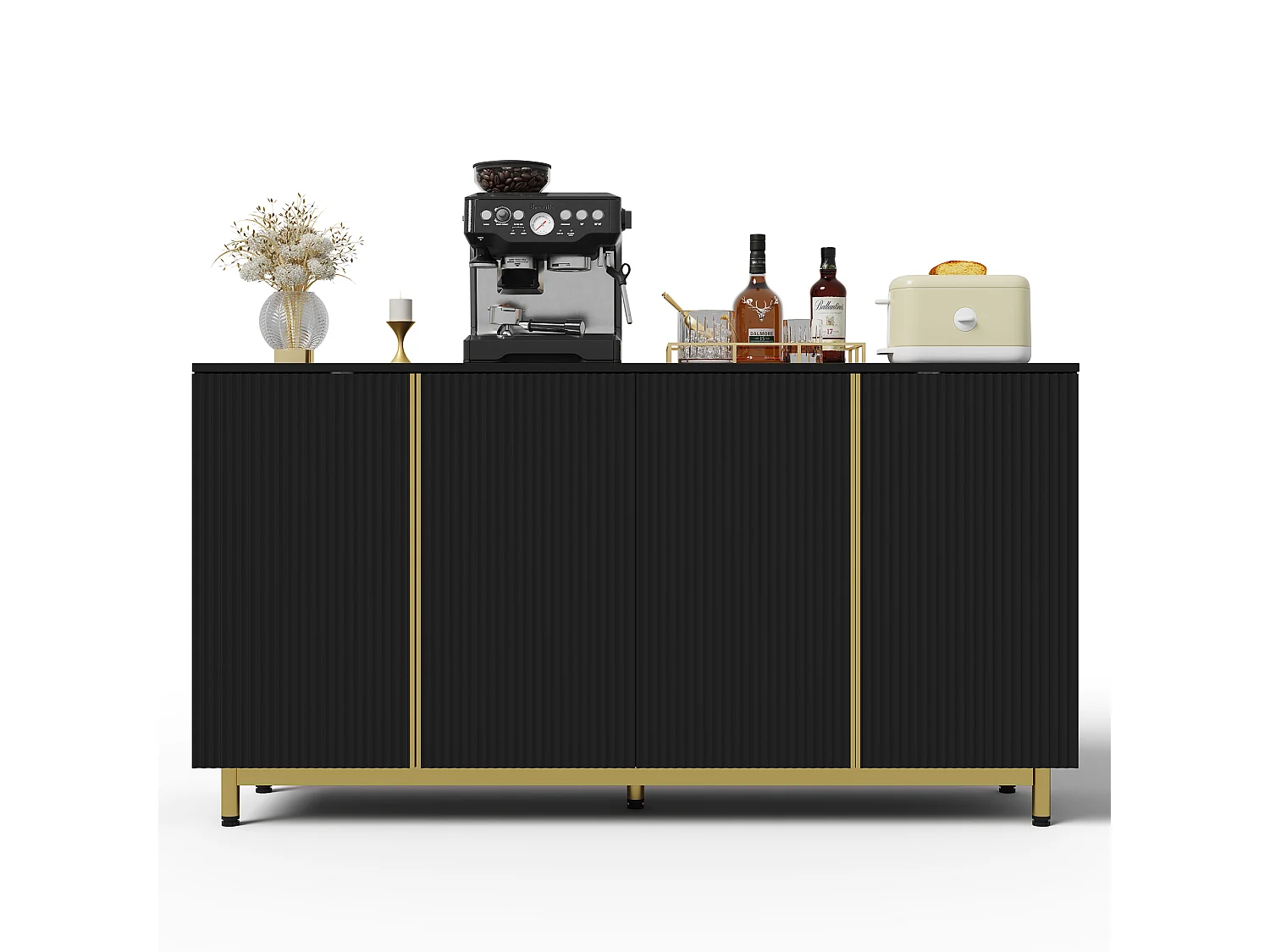 Credenza moderna 150×41,5×81 cm - con 4 ante - nero + oro