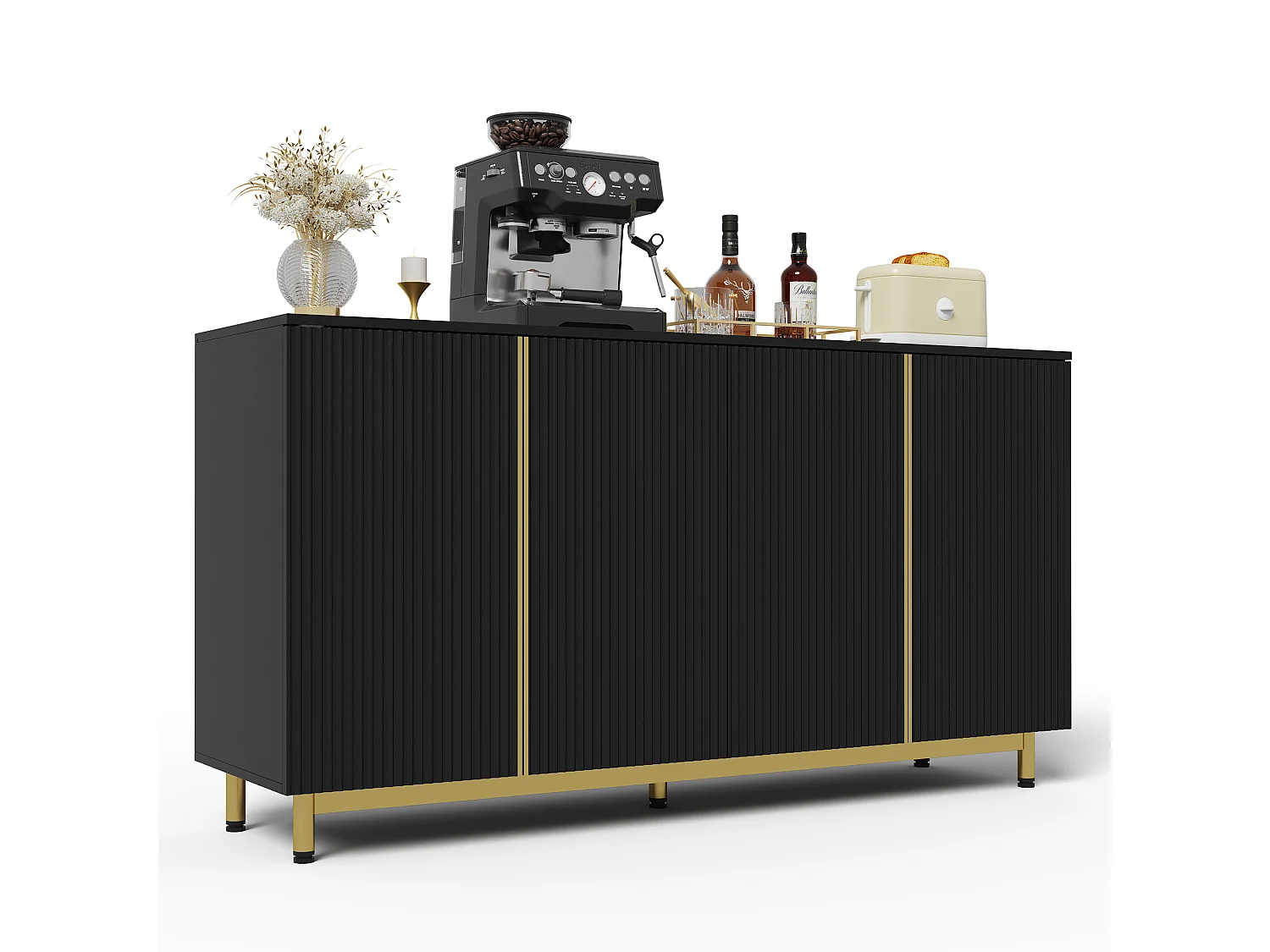Credenza moderna 150×41,5×81 cm - con 4 ante - nero + oro