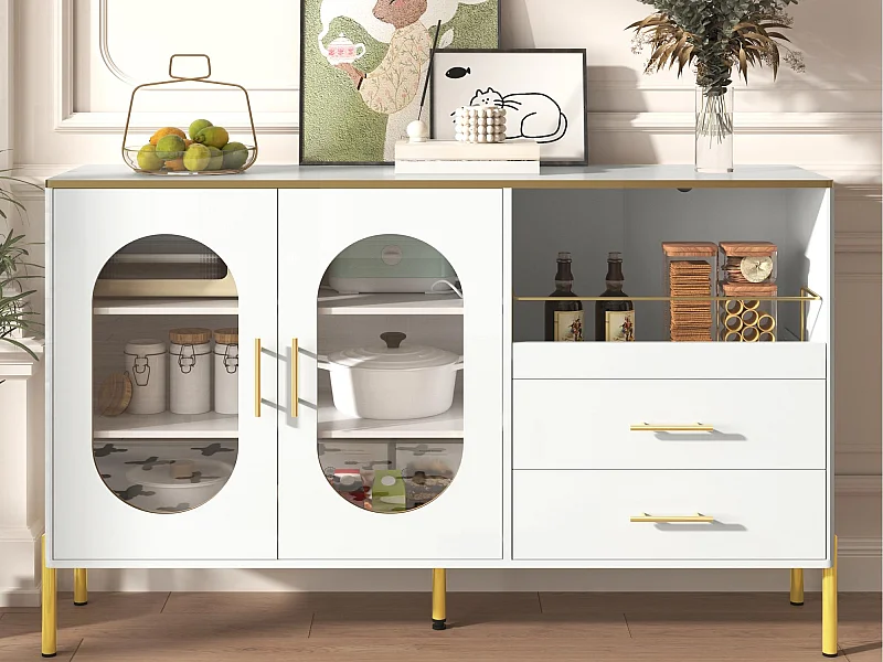 Buffet moderno 140×38×90 cm - con 2 cajones - con 2 puertas de vidrio - blanco