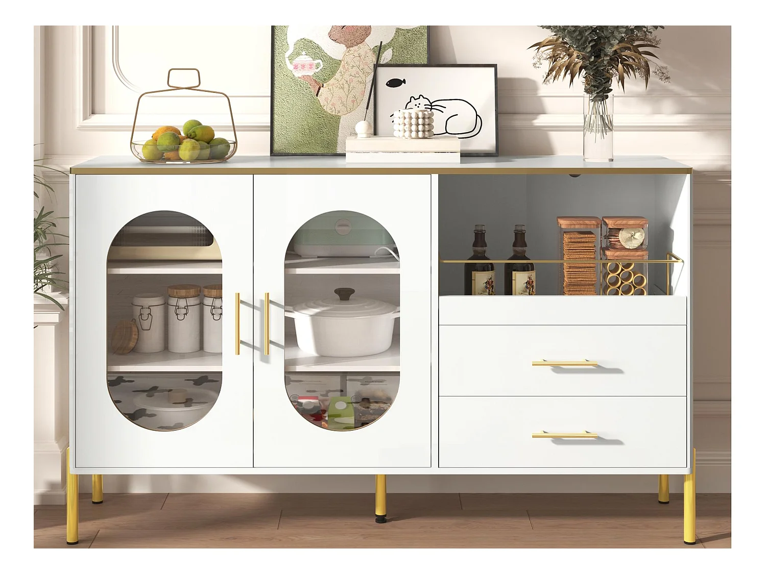 Buffet moderne 140x38x90cm - avec 2 tiroirs - avec 2 portes vitrées - Blanc