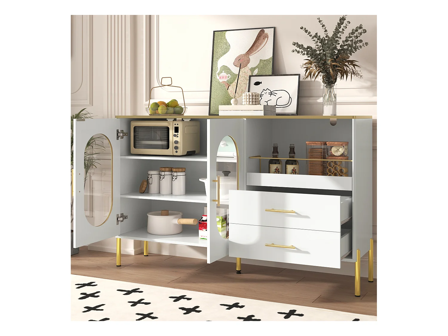 Buffet moderne 140x38x90cm - avec 2 tiroirs - avec 2 portes vitrées - Blanc