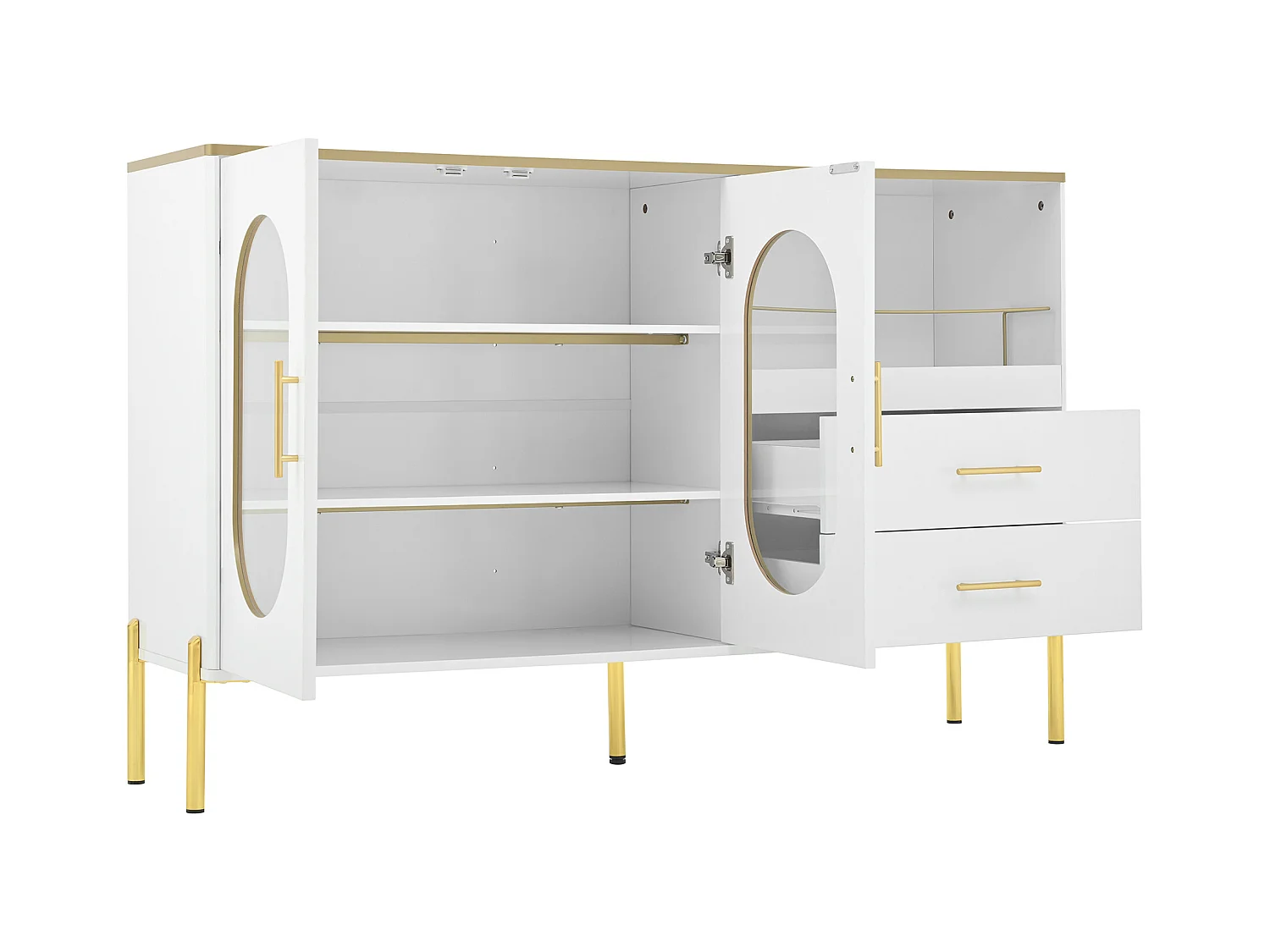 Buffet moderne 140x38x90cm - avec 2 tiroirs - avec 2 portes vitrées - Blanc