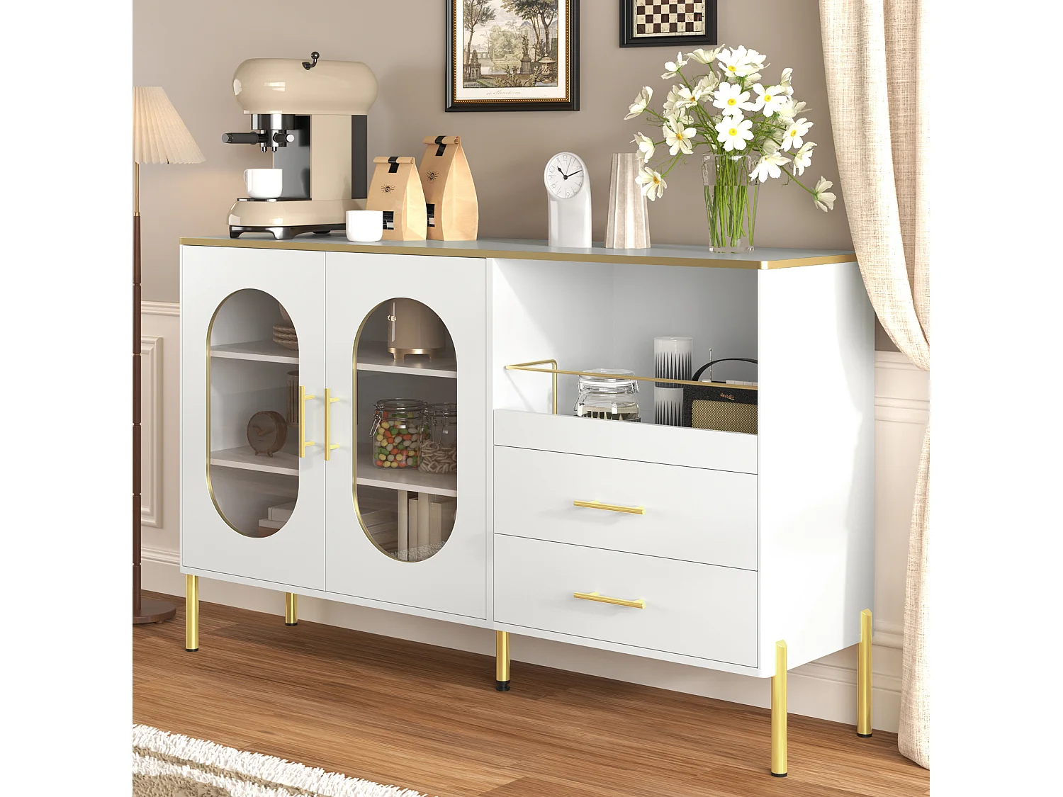 Buffet moderne 140x38x90cm - avec 2 tiroirs - avec 2 portes vitrées - Blanc