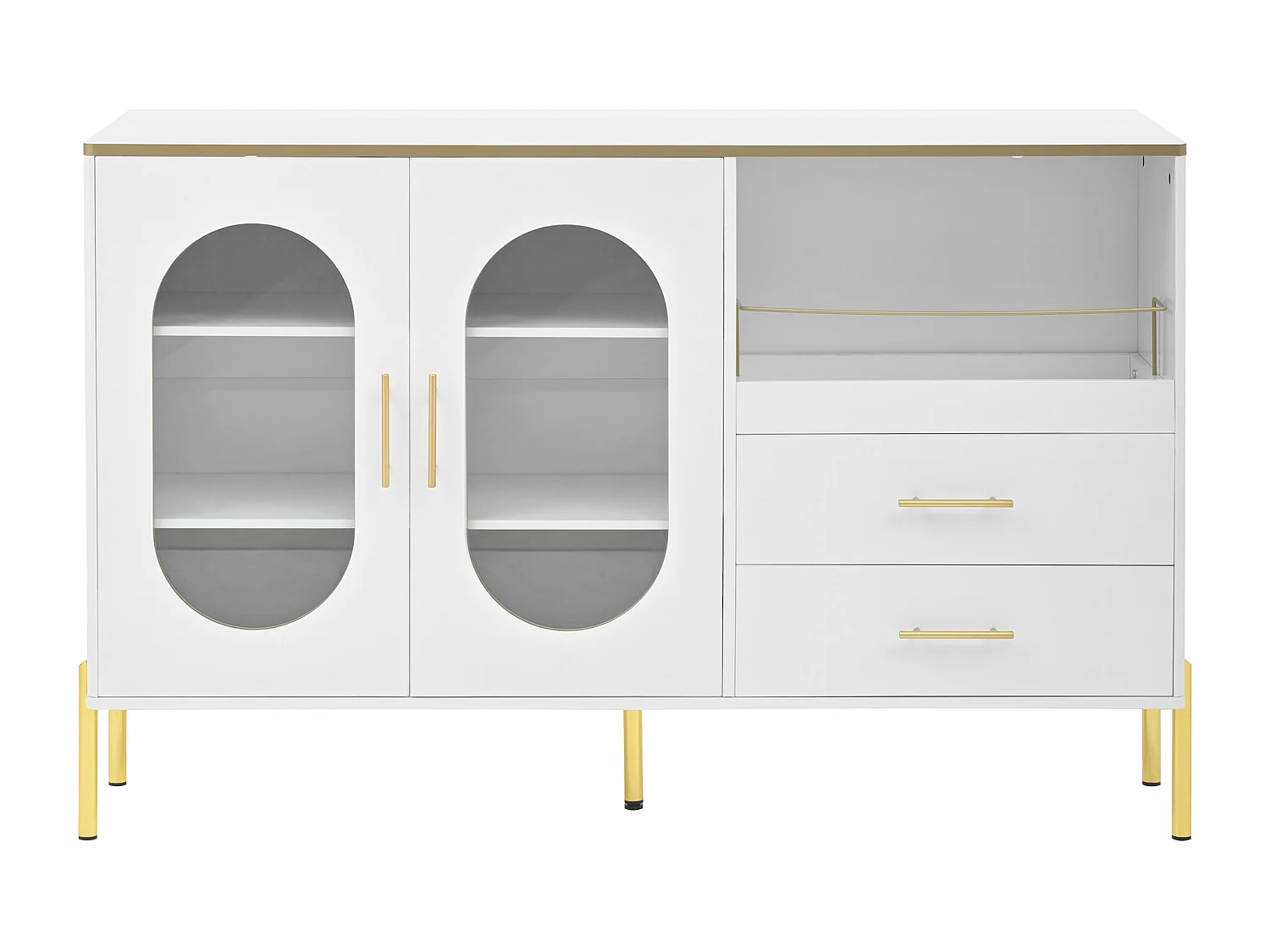 Buffet moderne 140x38x90cm - avec 2 tiroirs - avec 2 portes vitrées - Blanc