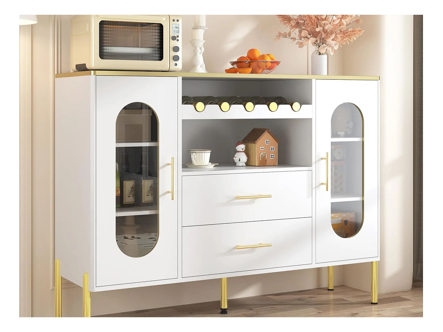 Buffet 120x38x90cm - 2 portes et 2 tiroirs - avec casier à vin - MDF - blanc