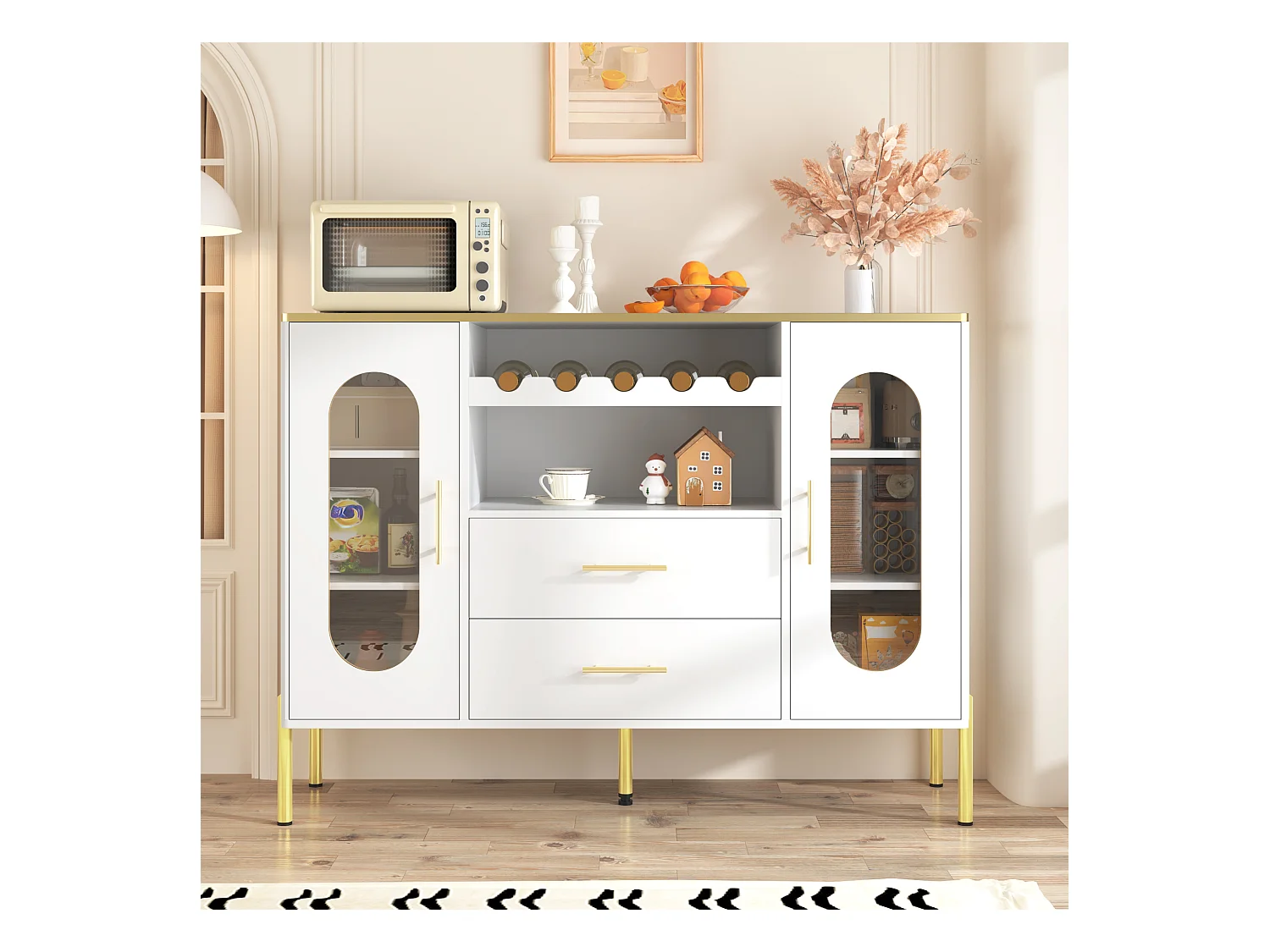 Buffet 120x38x90cm - 2 portes et 2 tiroirs - avec casier à vin - MDF - blanc