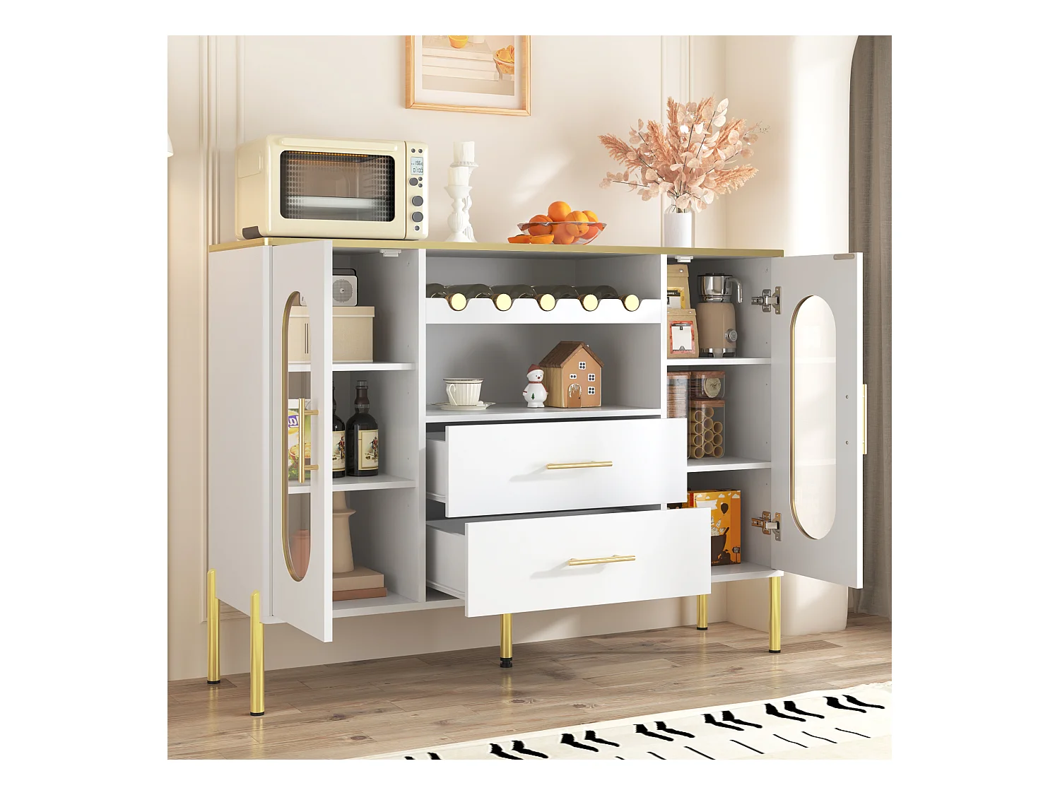 Buffet 120x38x90cm - 2 portes et 2 tiroirs - avec casier à vin - MDF - blanc