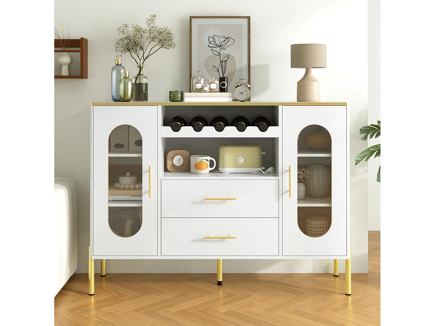Buffet 120x38x90cm - 2 portes et 2 tiroirs - avec casier à vin - MDF - blanc