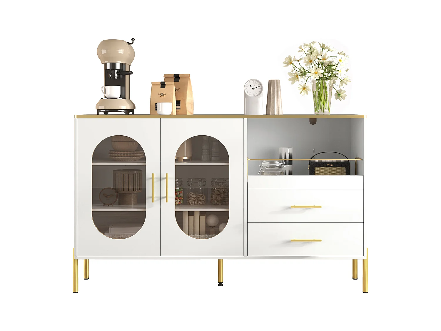 Komoda z 2 szufladami i 2 szklanymi drzwiami - 140 x 38 x 90 cm - dużo miejsca do przechowywania - MDF - biała