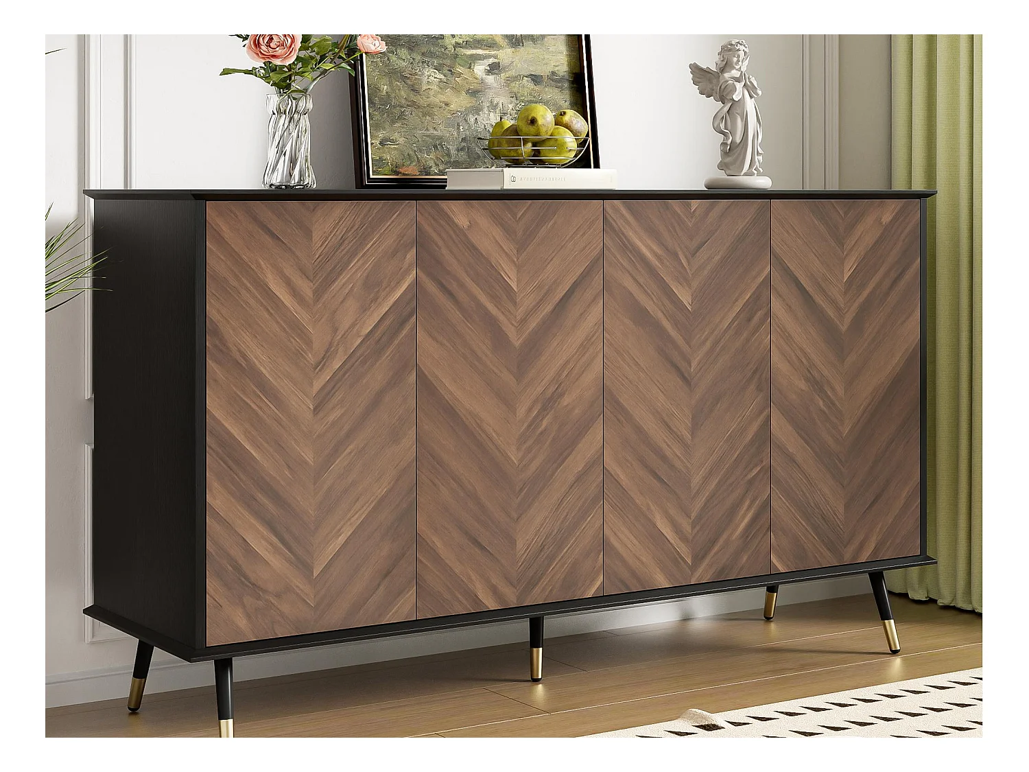 Buffet moderne 140x40x90cm - avec 4 portes - Étagères réglables - MDF - noir + marron