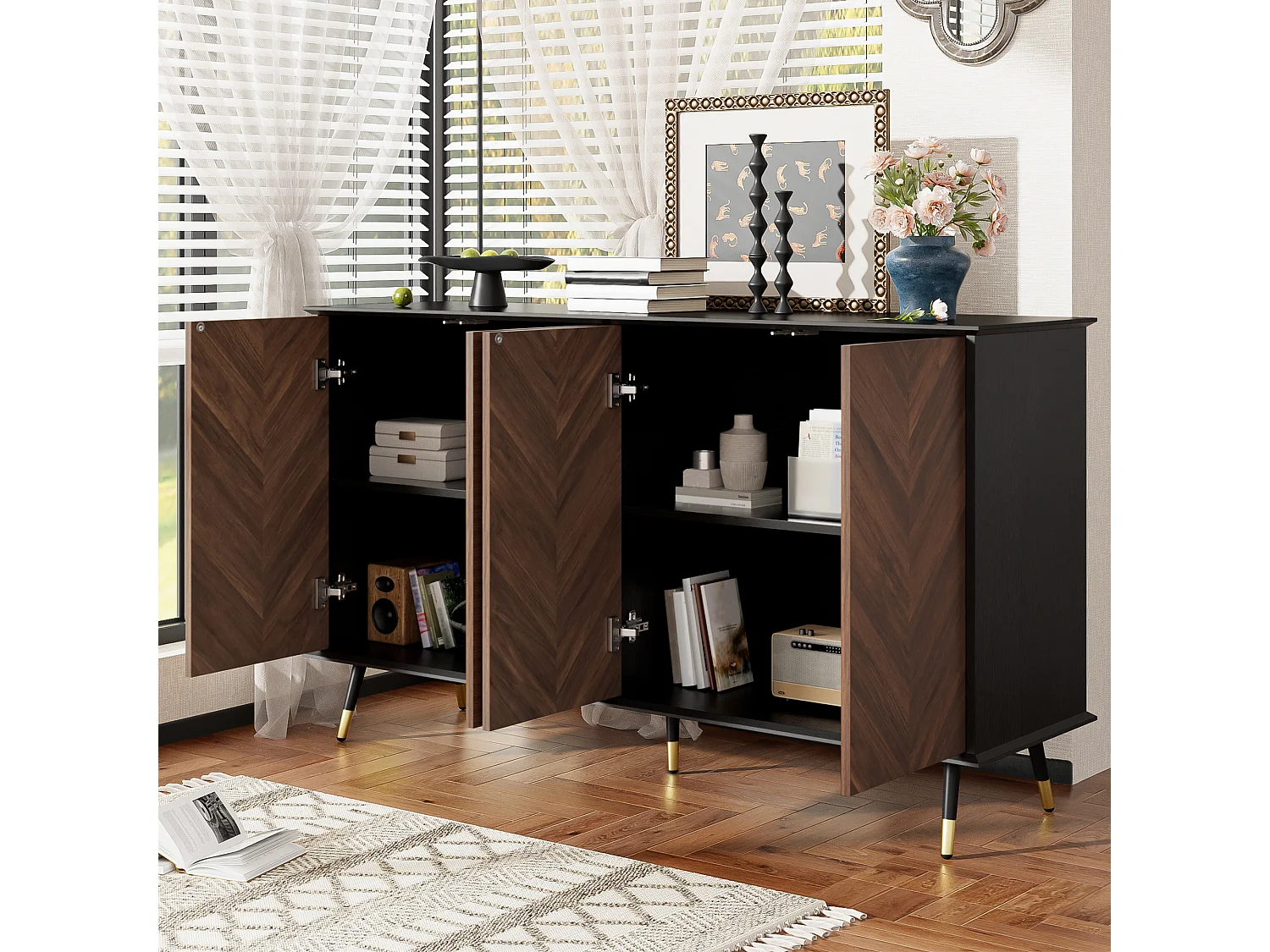 Modern buffet 140×40×90 cm - met 4 deuren - verstelbare planken - MDF - zwart + bruin