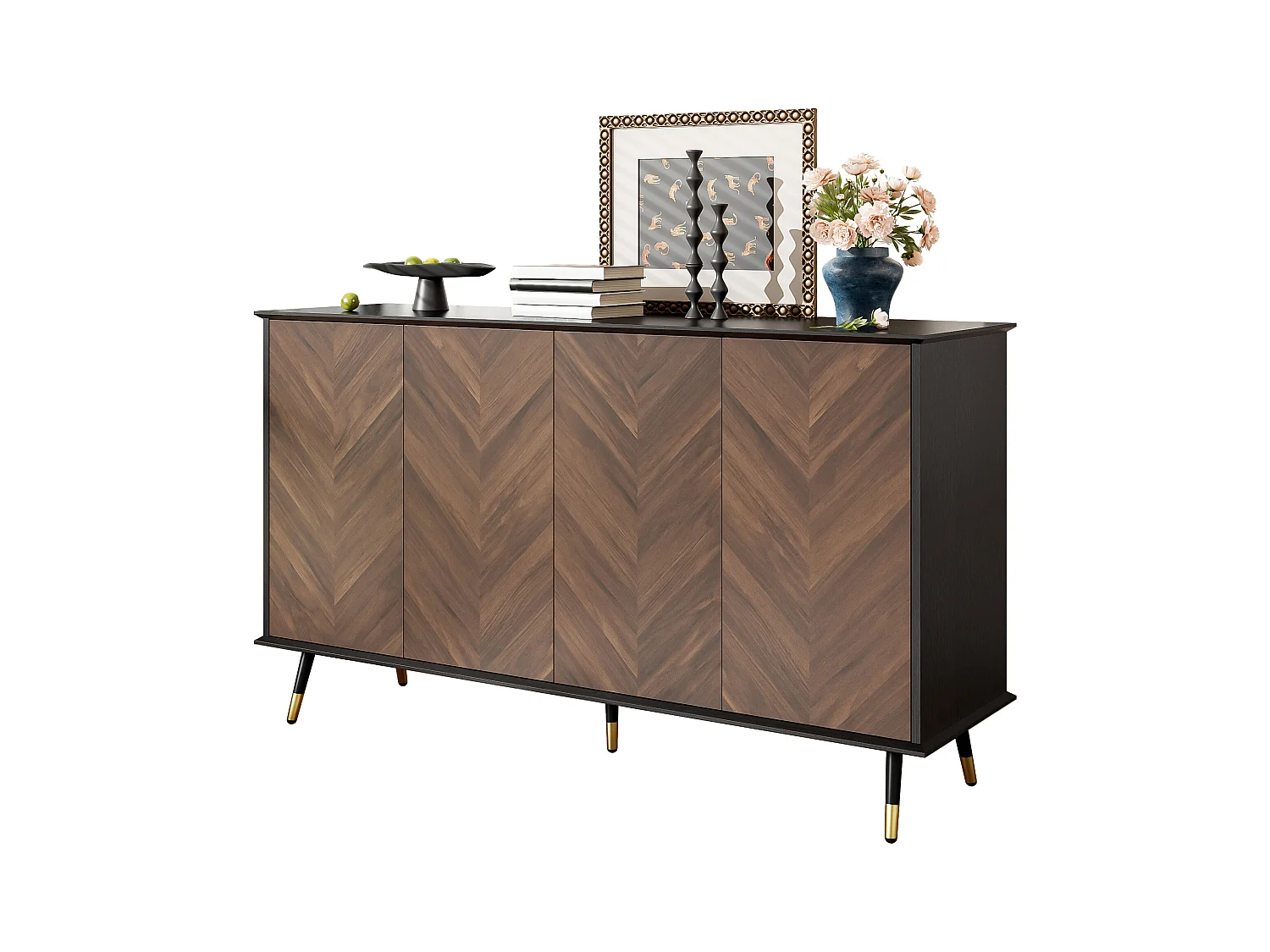 Buffet moderne à chevrons - 140 x 40 x 80 cm - avec 4 portes + étagères réglables en hauteur - MDF - noir