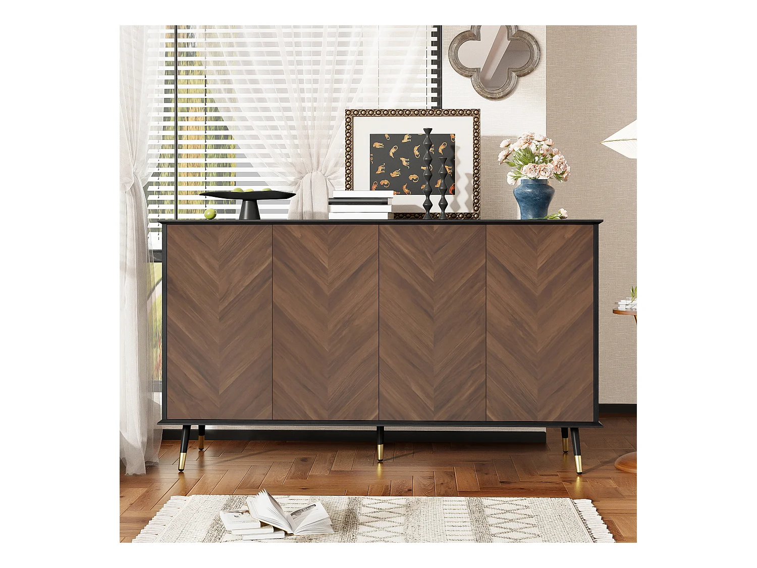 Buffet moderne à chevrons - 140 x 40 x 80 cm - avec 4 portes + étagères réglables en hauteur - MDF - noir