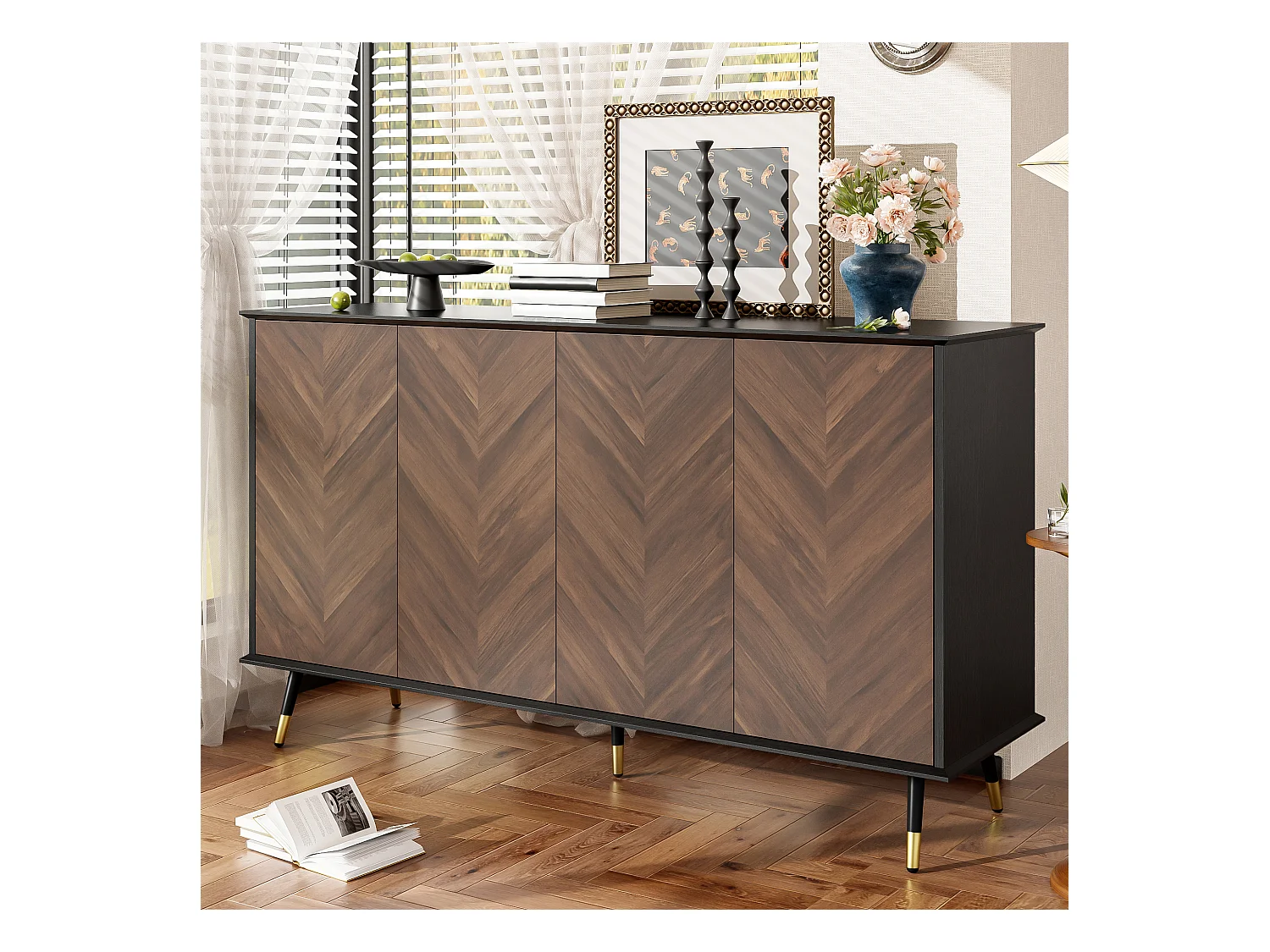 Modernes Fischgrät-Sideboard - 140 x 40 x 80 cm - mit 4 Türen + höhenverstellbaren Einlegeböden - MDF - Schwarz