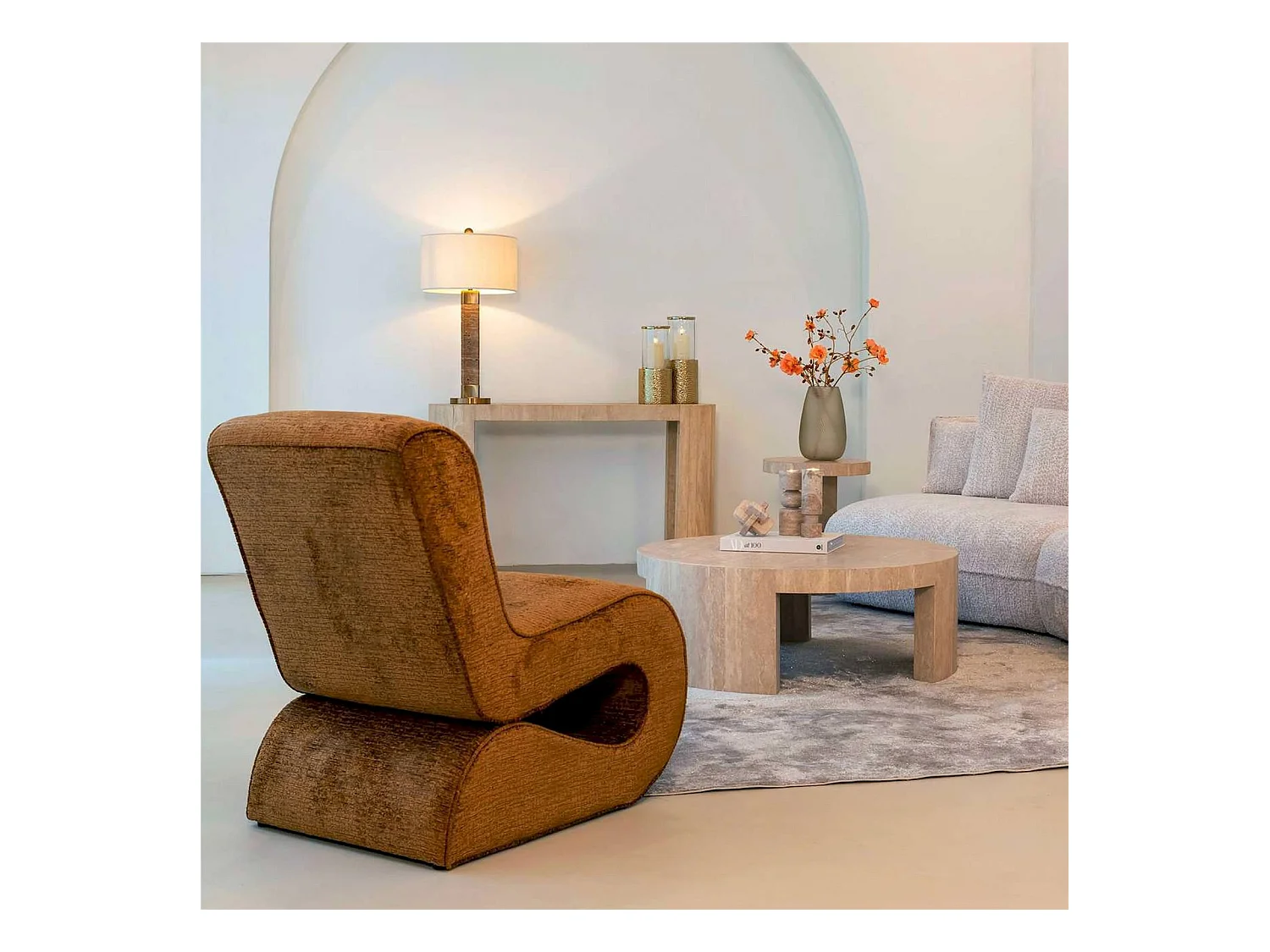 table basse ronde en travertin beige style contemporain