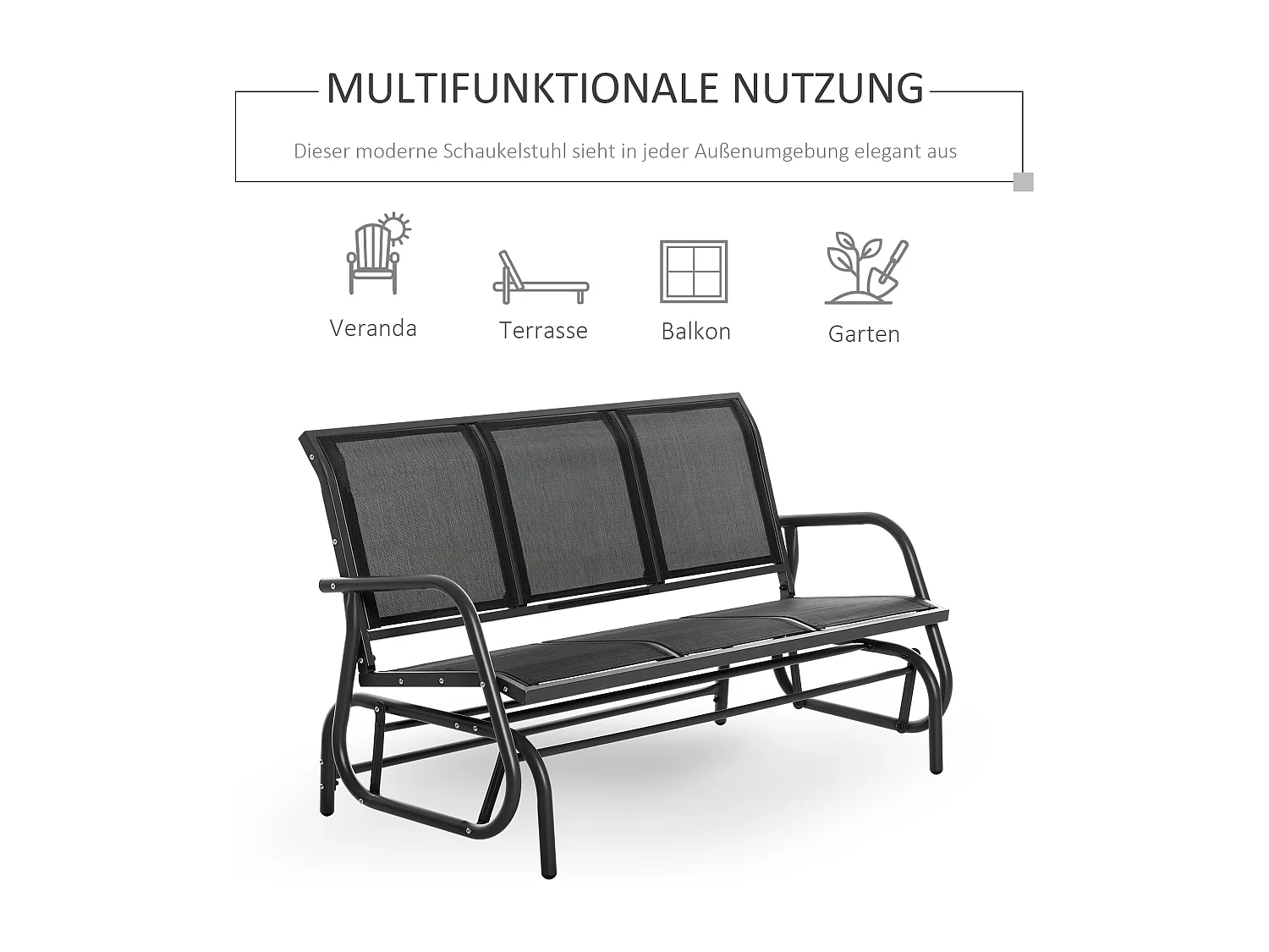 Banc balançoire 3 places, métal robuste, tissu maille respirante, noir (147x75x85cm)