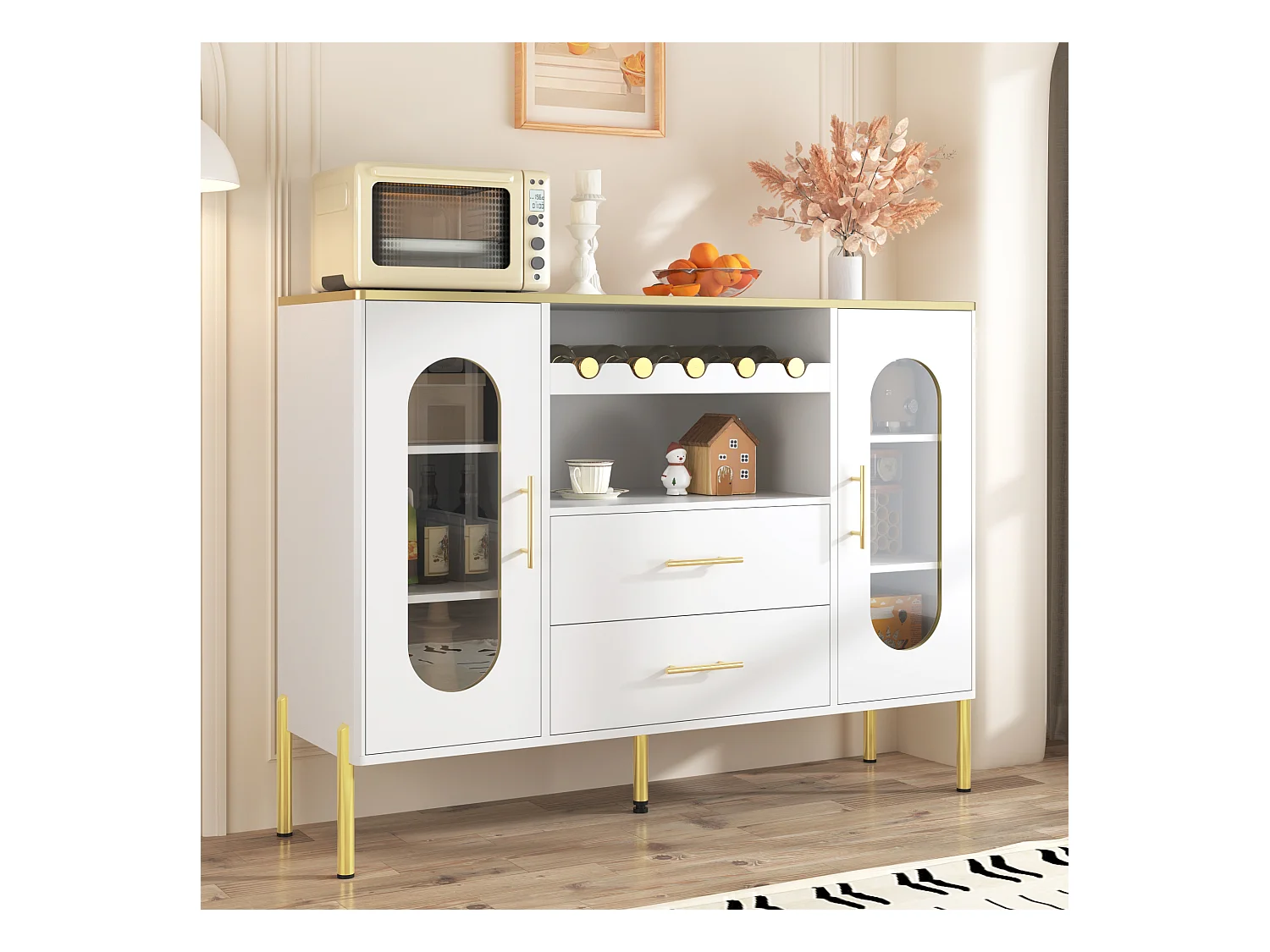 Buffet avec façades vitrées et casier à vin - 120 x38 x 90 cm - avec 2 tiroirs - Pieds réglables - MDF - blanc