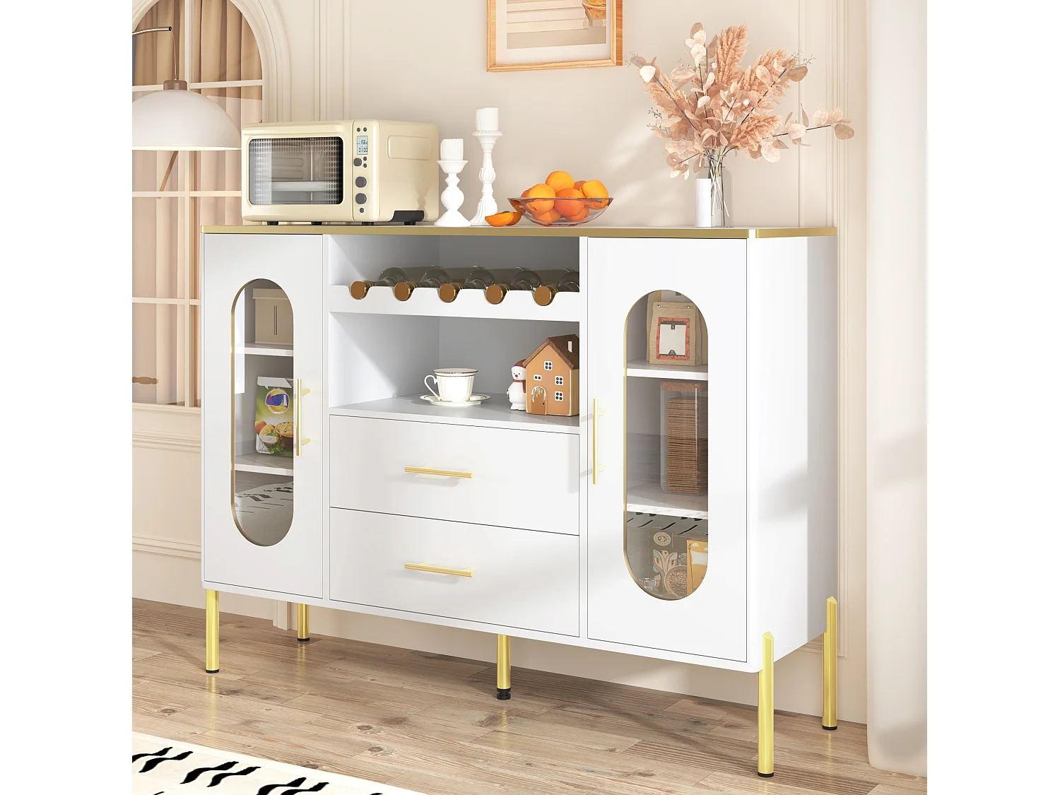 Buffet avec façades vitrées et casier à vin - 120 x38 x 90 cm - avec 2 tiroirs - Pieds réglables - MDF - blanc