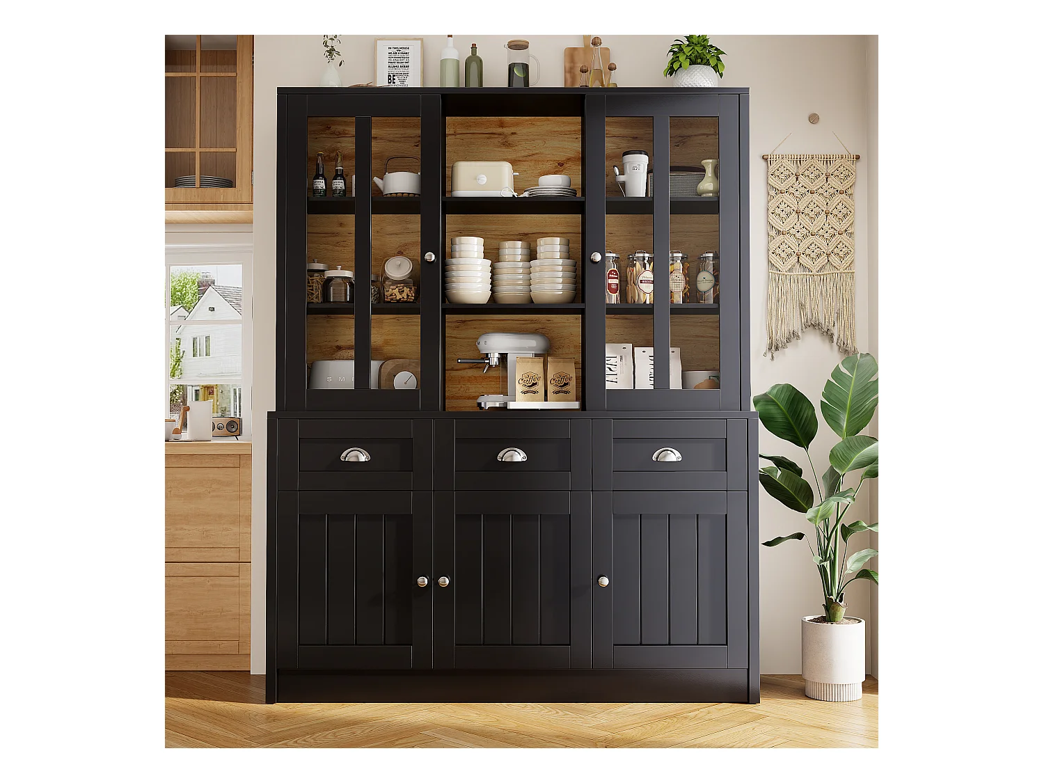 Buffet haut de cuisine - 140 x 38.5 x 175 cm - avec 3 tiroirs + 5 portes - MDF - noir