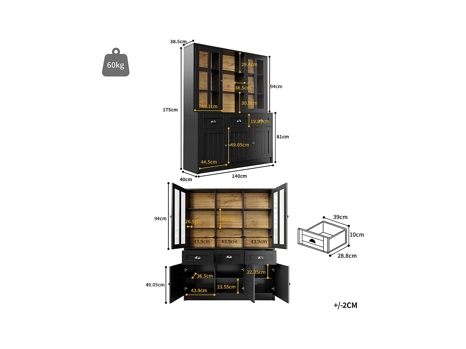 Buffet haut de cuisine - 140 x 38.5 x 175 cm - avec 3 tiroirs + 5 portes - MDF - noir