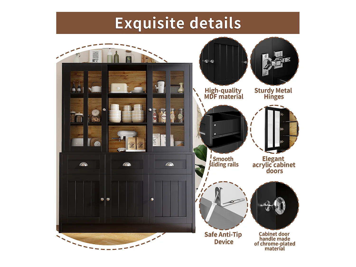 Buffet haut de cuisine - 140 x 38.5 x 175 cm - avec 3 tiroirs + 5 portes - MDF - noir