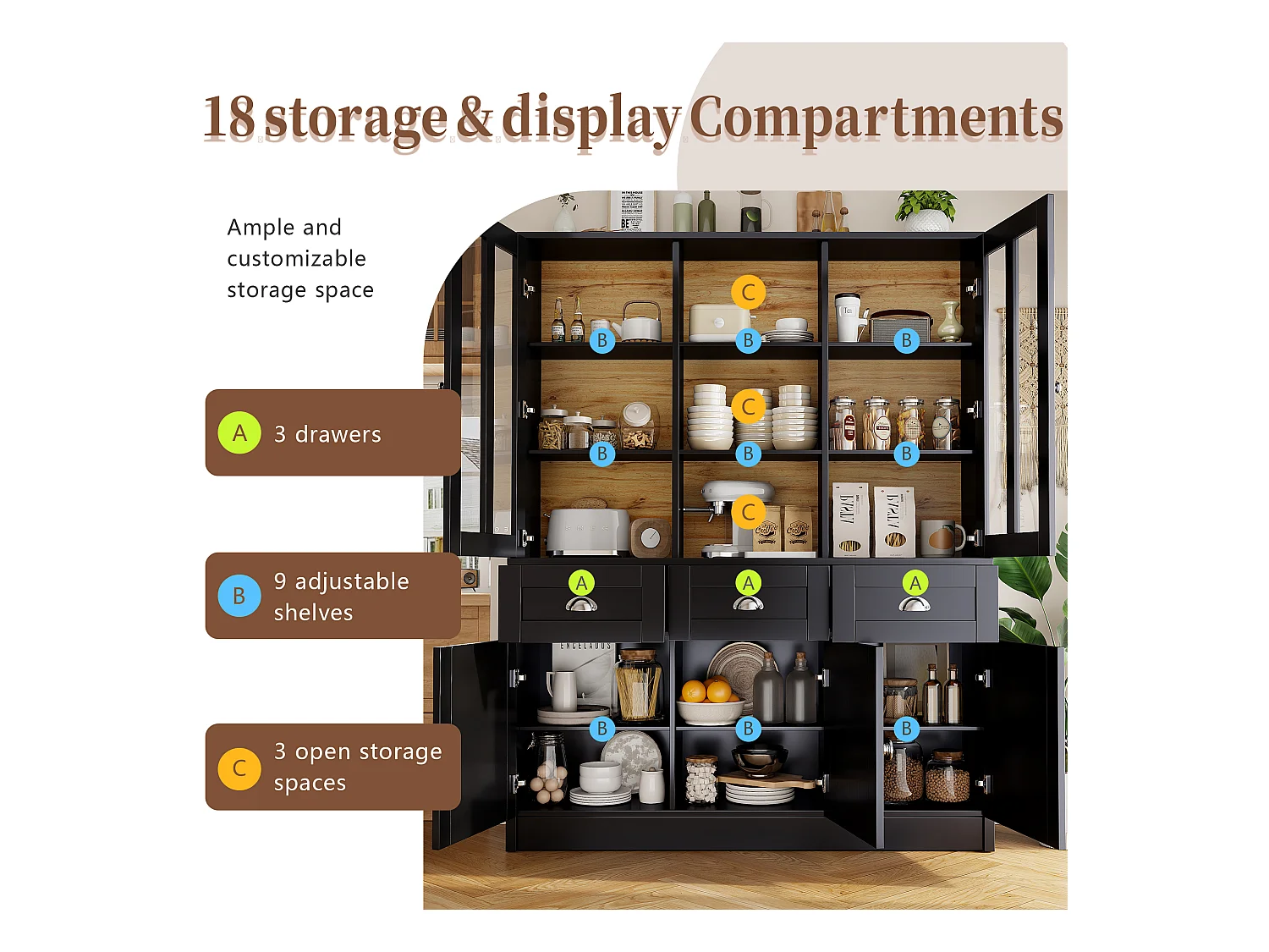 Buffet haut de cuisine - 140 x 38.5 x 175 cm - avec 3 tiroirs + 5 portes - MDF - noir