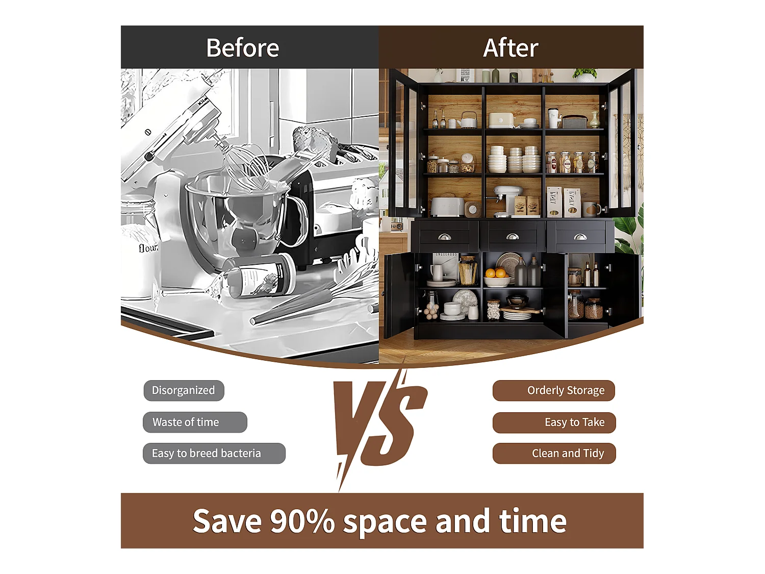 Buffet haut de cuisine - 140 x 38.5 x 175 cm - avec 3 tiroirs + 5 portes - MDF - noir