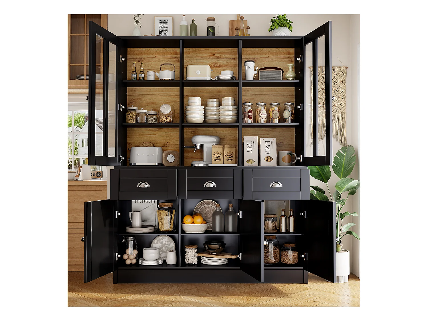 Buffet haut de cuisine - 140 x 38.5 x 175 cm - avec 3 tiroirs + 5 portes - MDF - noir