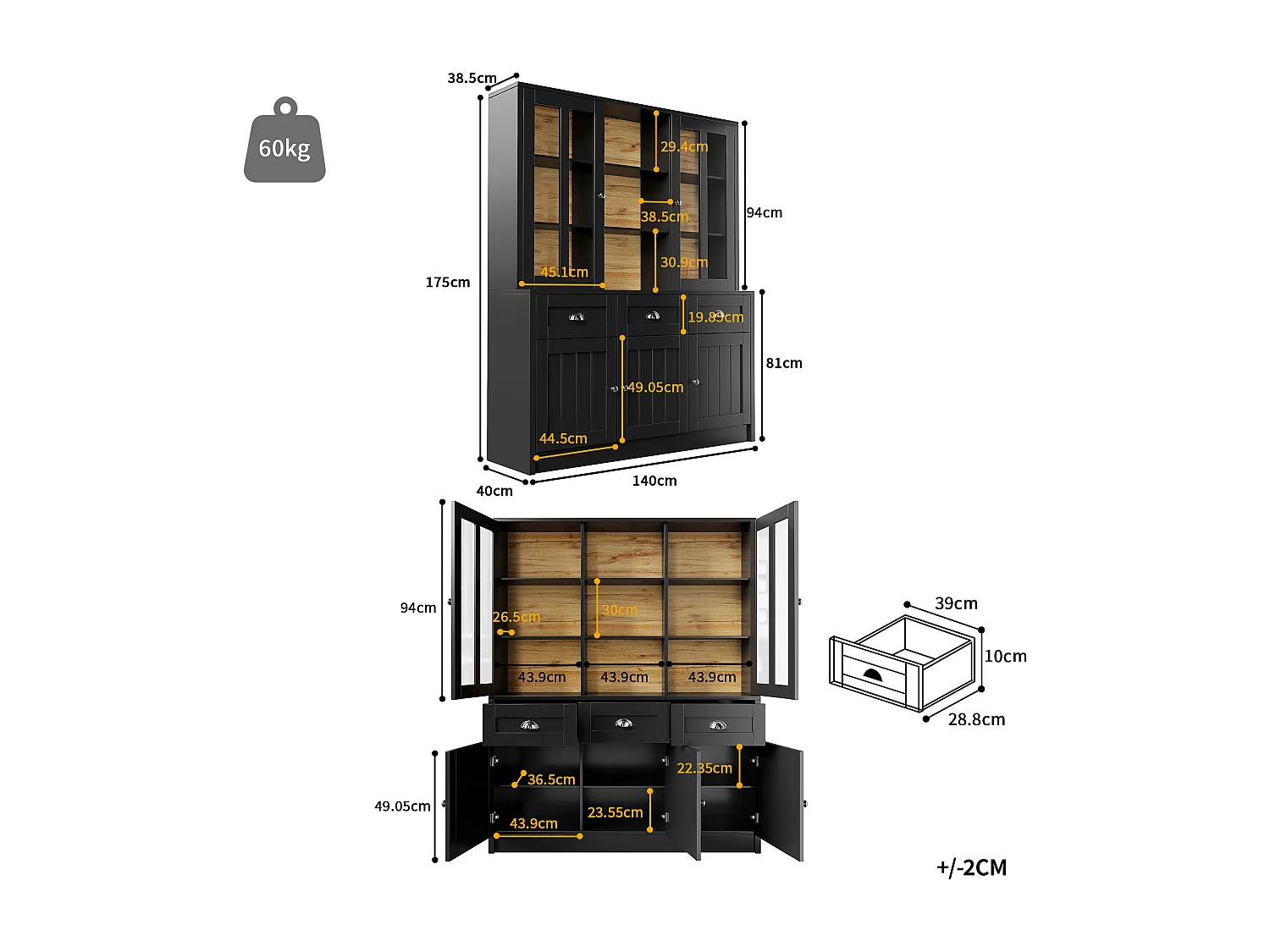 Buffet haut de cuisine - 140 x 38.5 x 175 cm - avec 3 tiroirs + 5 portes - MDF - noir