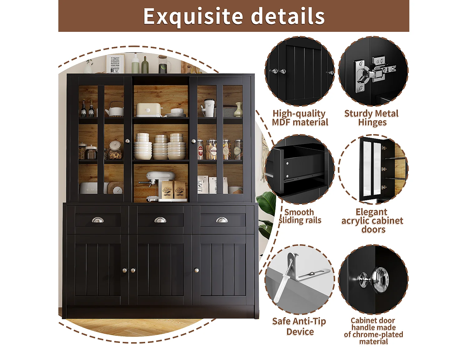Buffet haut de cuisine - 140 x 38.5 x 175 cm - avec 3 tiroirs + 5 portes - MDF - noir