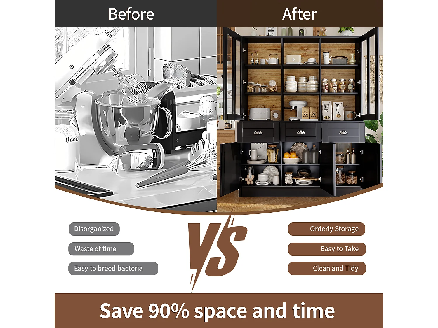 Buffet haut de cuisine - 140 x 38.5 x 175 cm - avec 3 tiroirs + 5 portes - MDF - noir