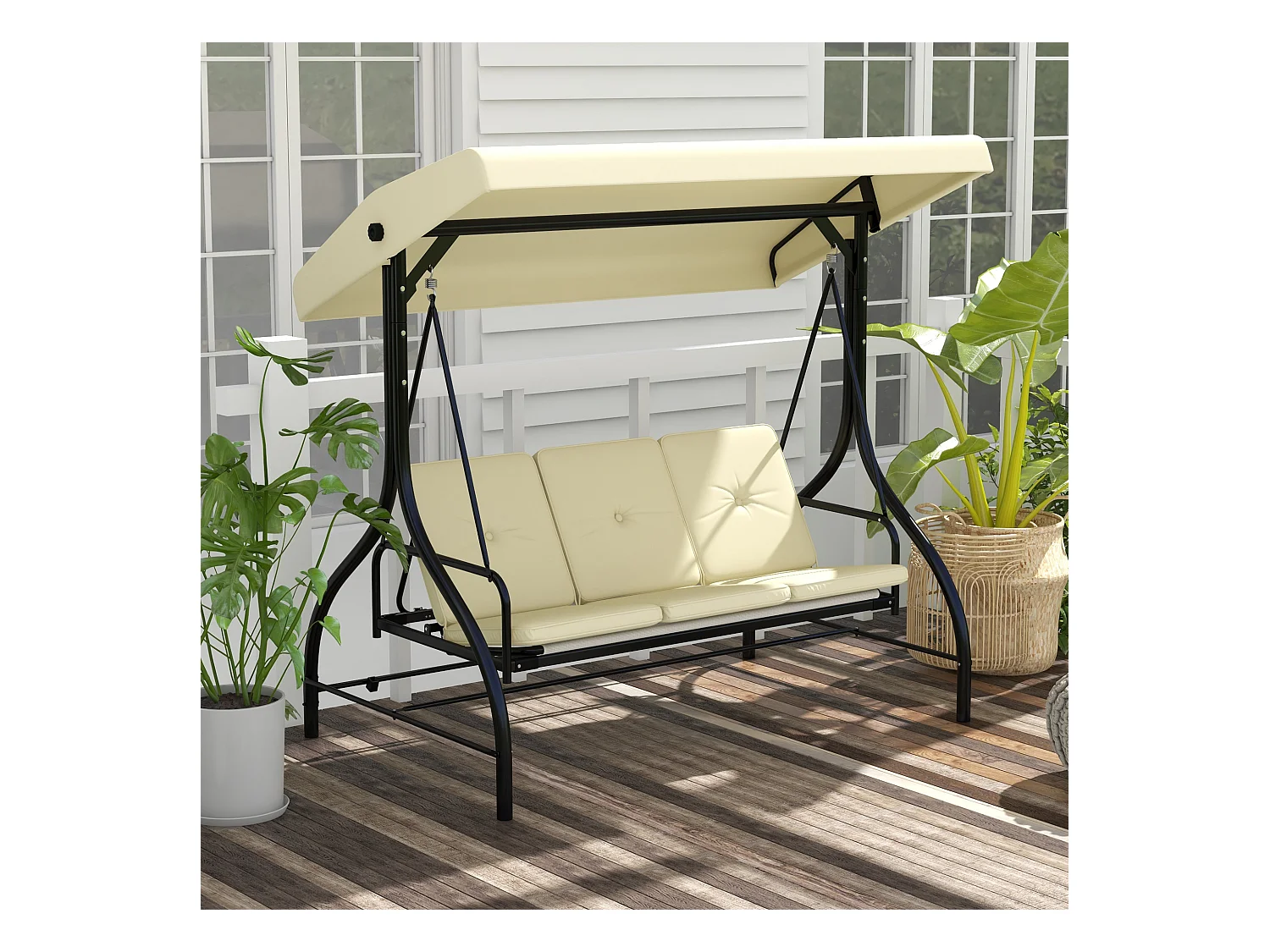 Balancelle 3 places 2 en 1 avec fonction lit, structure acier, toit réglable, beige (195x117x175cm)