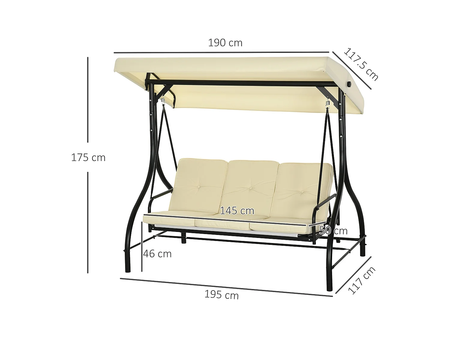 Balancelle 3 places 2 en 1 avec fonction lit, structure acier, toit réglable, beige (195x117x175cm)