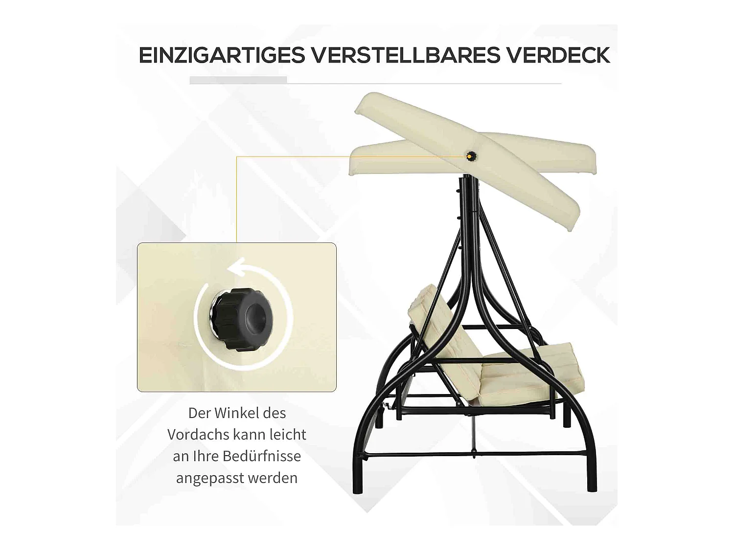 Balancelle 3 places 2 en 1 avec fonction lit, structure acier, toit réglable, beige (195x117x175cm)