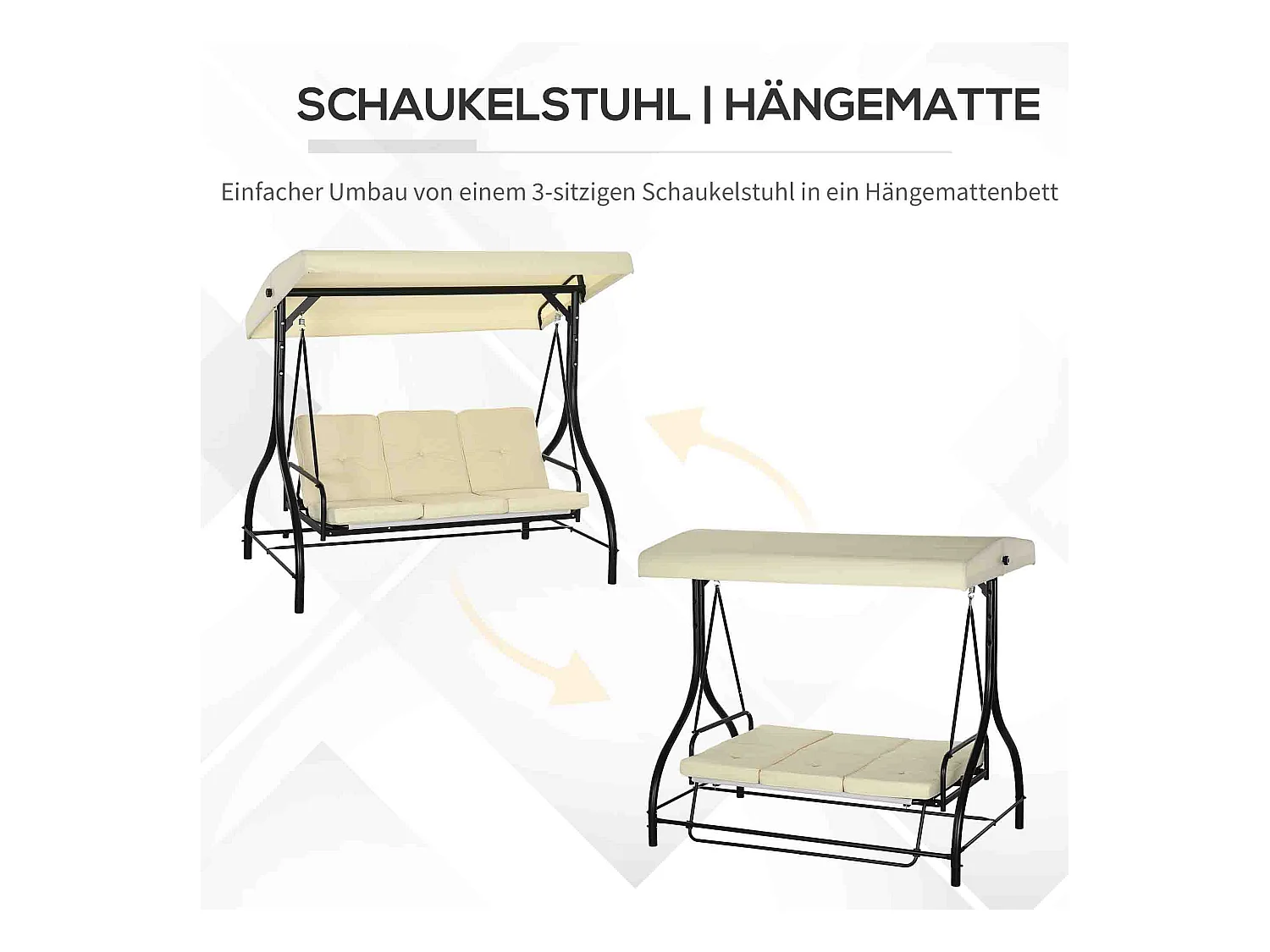 Balancelle 3 places 2 en 1 avec fonction lit, structure acier, toit réglable, beige (195x117x175cm)