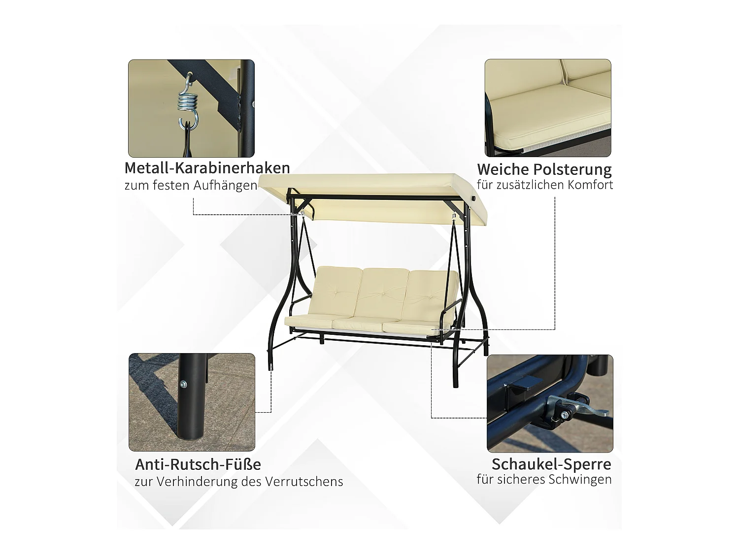 Balancelle 3 places 2 en 1 avec fonction lit, structure acier, toit réglable, beige (195x117x175cm)