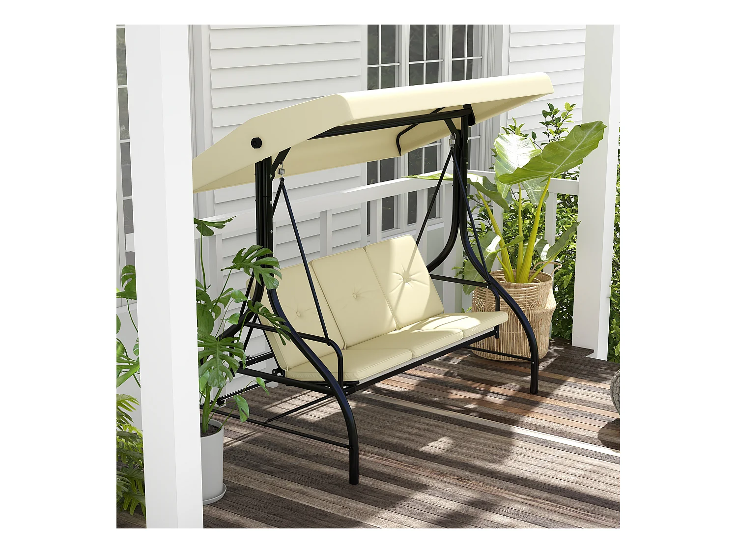 Balancelle 3 places 2 en 1 avec fonction lit, structure acier, toit réglable, beige (195x117x175cm)