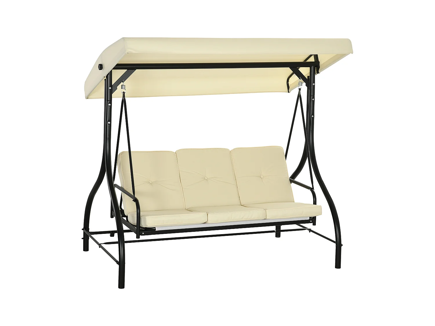 3-zits 2-in-1 schommel met bedfunctie, stalen frame, verstelbaar dak, beige (195x117x175cm)