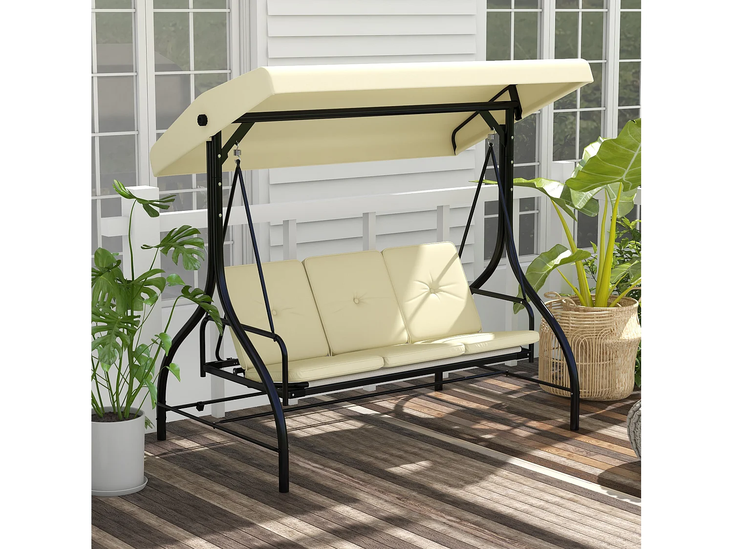 Altalena 2 in 1 a 3 posti con funzione letto, struttura in acciaio, tetto regolabile, beige (195x117x175cm)