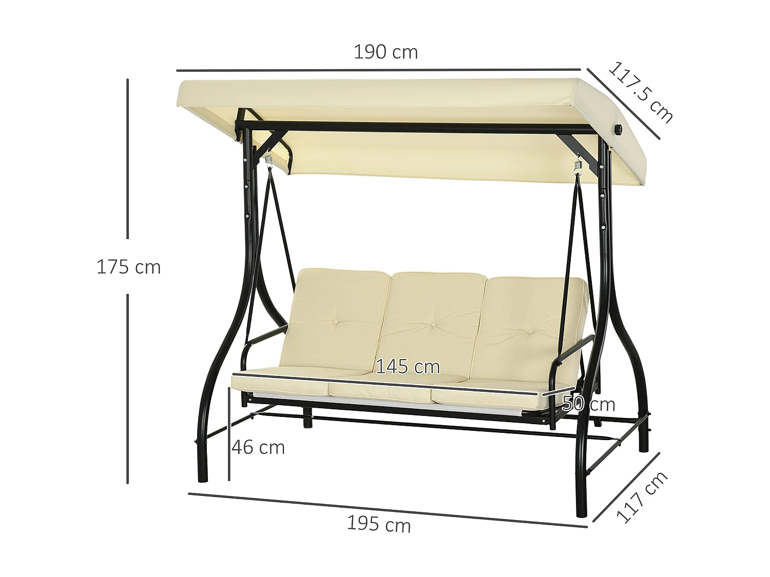 Altalena 2 in 1 a 3 posti con funzione letto, struttura in acciaio, tetto regolabile, beige (195x117x175cm)