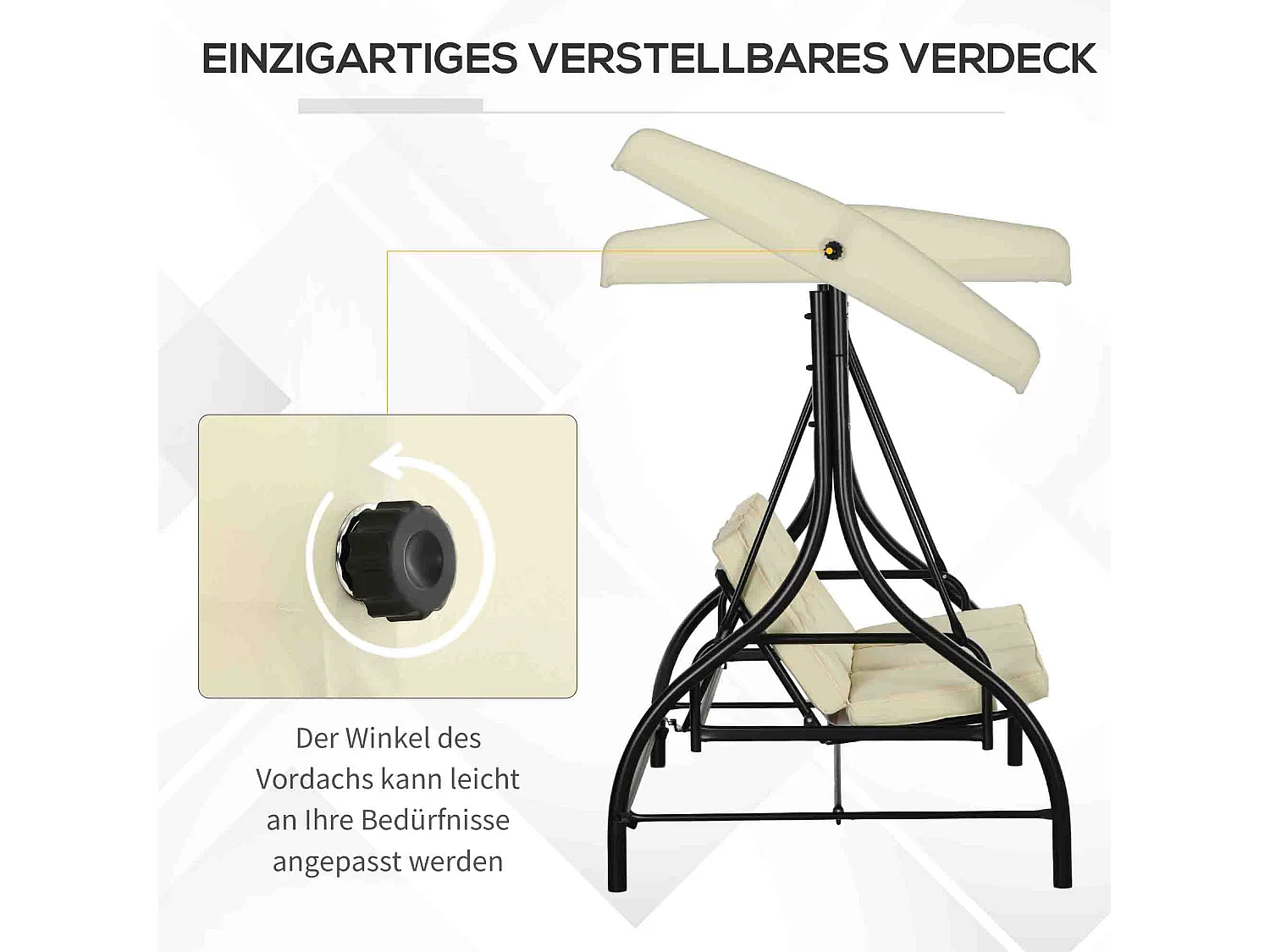 Altalena 2 in 1 a 3 posti con funzione letto, struttura in acciaio, tetto regolabile, beige (195x117x175cm)