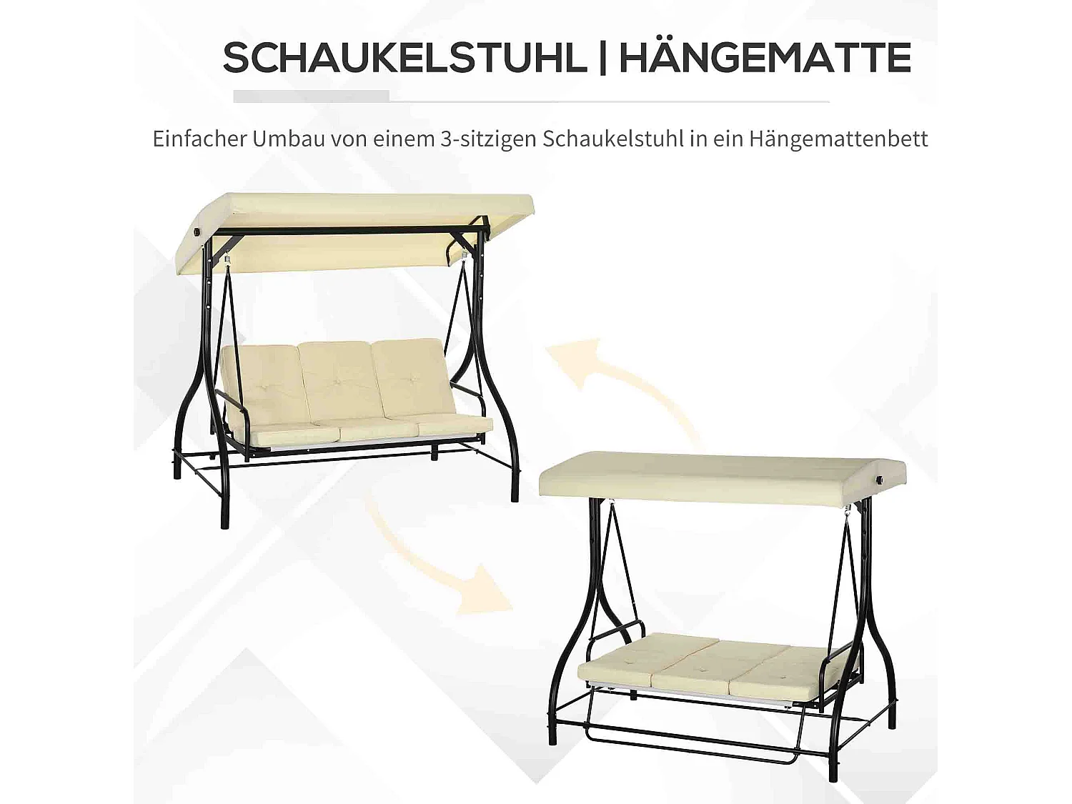 Altalena 2 in 1 a 3 posti con funzione letto, struttura in acciaio, tetto regolabile, beige (195x117x175cm)