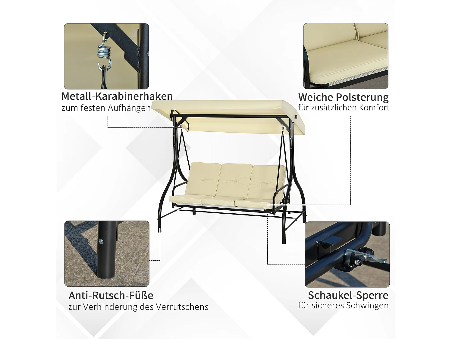 Altalena 2 in 1 a 3 posti con funzione letto, struttura in acciaio, tetto regolabile, beige (195x117x175cm)